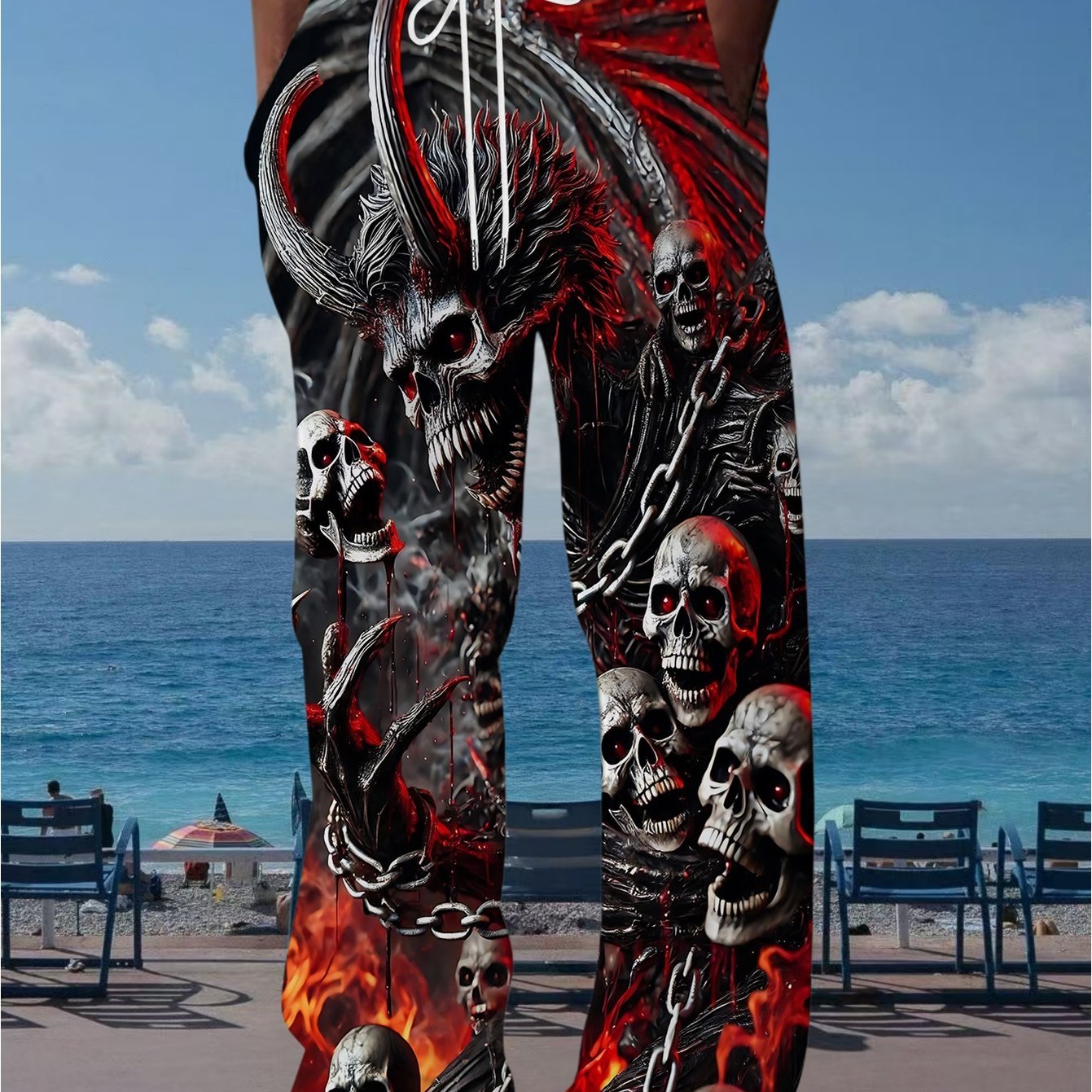 TEMU [printed Design- Not Textured] Fashion Trendy Skull, Flame, Devil Men's Straight Long Pants Loose Casual Trousers