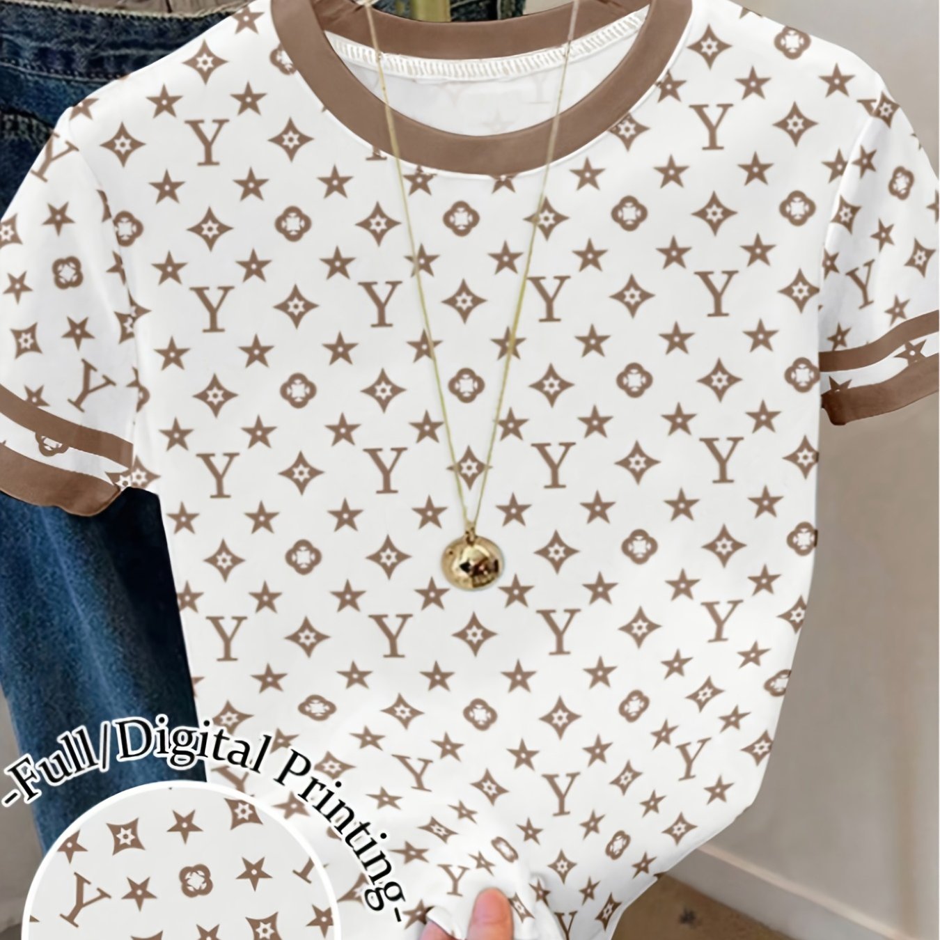TEMU Women' Print Graphic Loose Casual Contrast Block Round Neck T-shirt Top