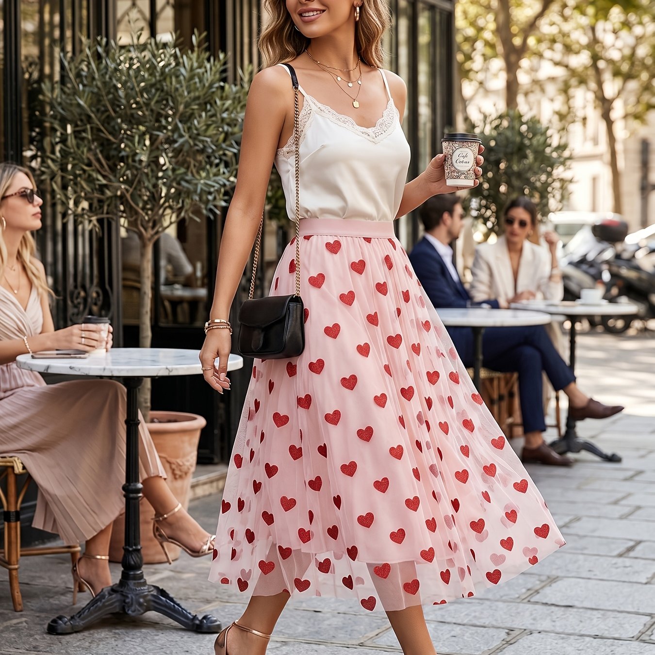 Mesh Midi Skirt With Sparkling Hearts, Valentine's Day Women's Skirt