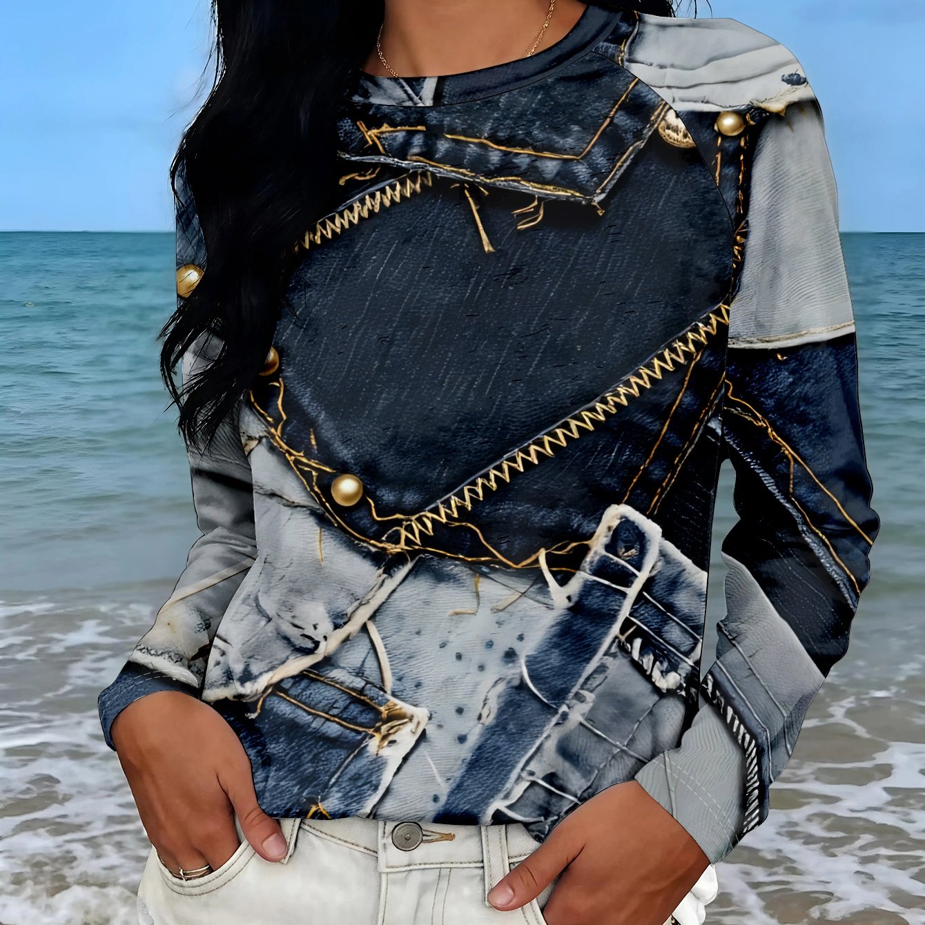 TEMU Women's Long Sleeve T-shirt With A Creative Multi-panel Denim Fabric Pattern - Fashionable Casual Top, Machine Washable Base Layer, Suitable For