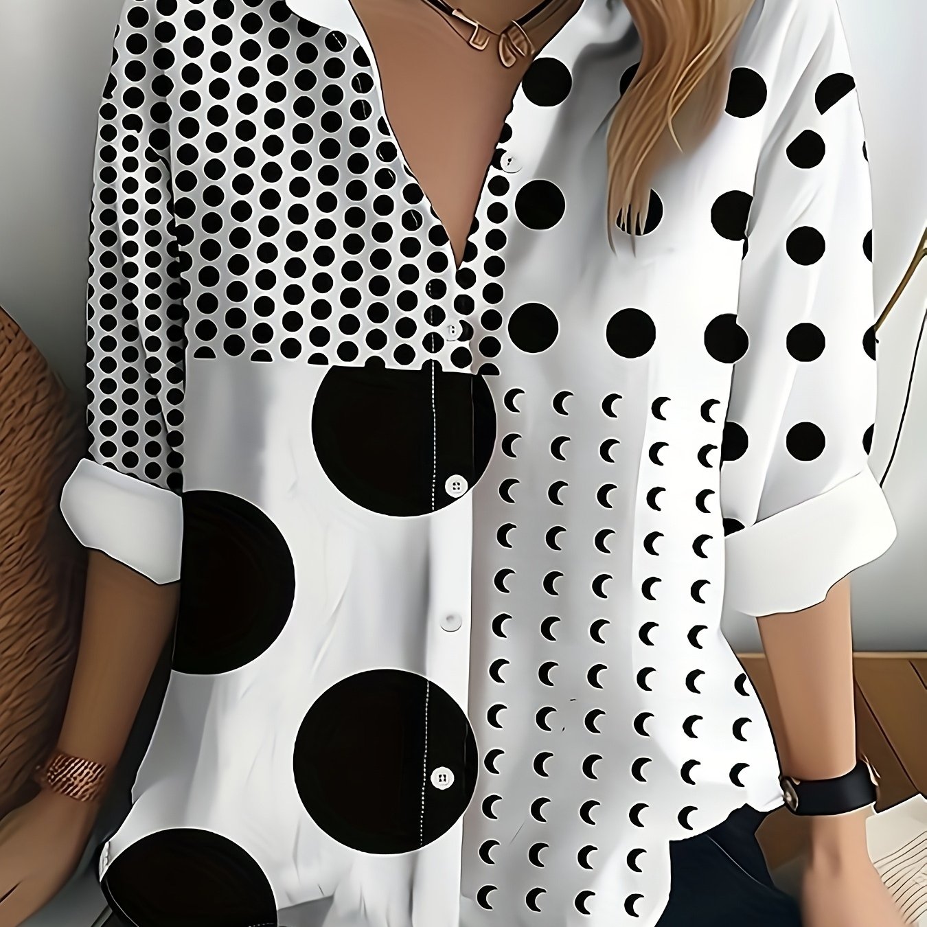 TEMU Women's Casual Polka Printed Long-sleeve Button-up Shirt With A Stylish Artistic Pattern, Lightweight Fabric, Washable, Suitable For Spring,