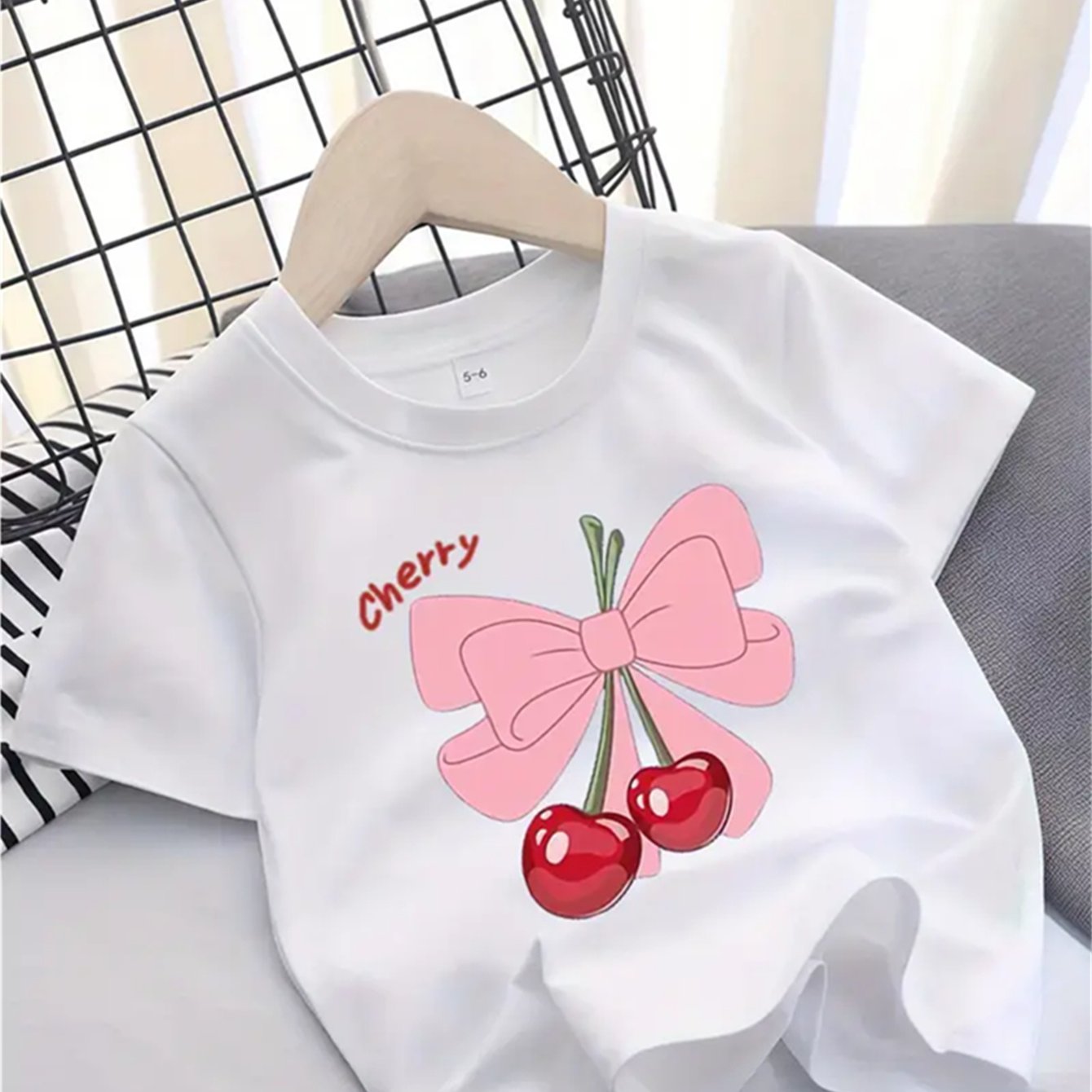 TEMU Girls Cotton T-shirt, Casual Crew Neck, Summer Fashion, Random Print, Stretch Fabric, Regular Pattern, Cute Cherry Design, Kids Top