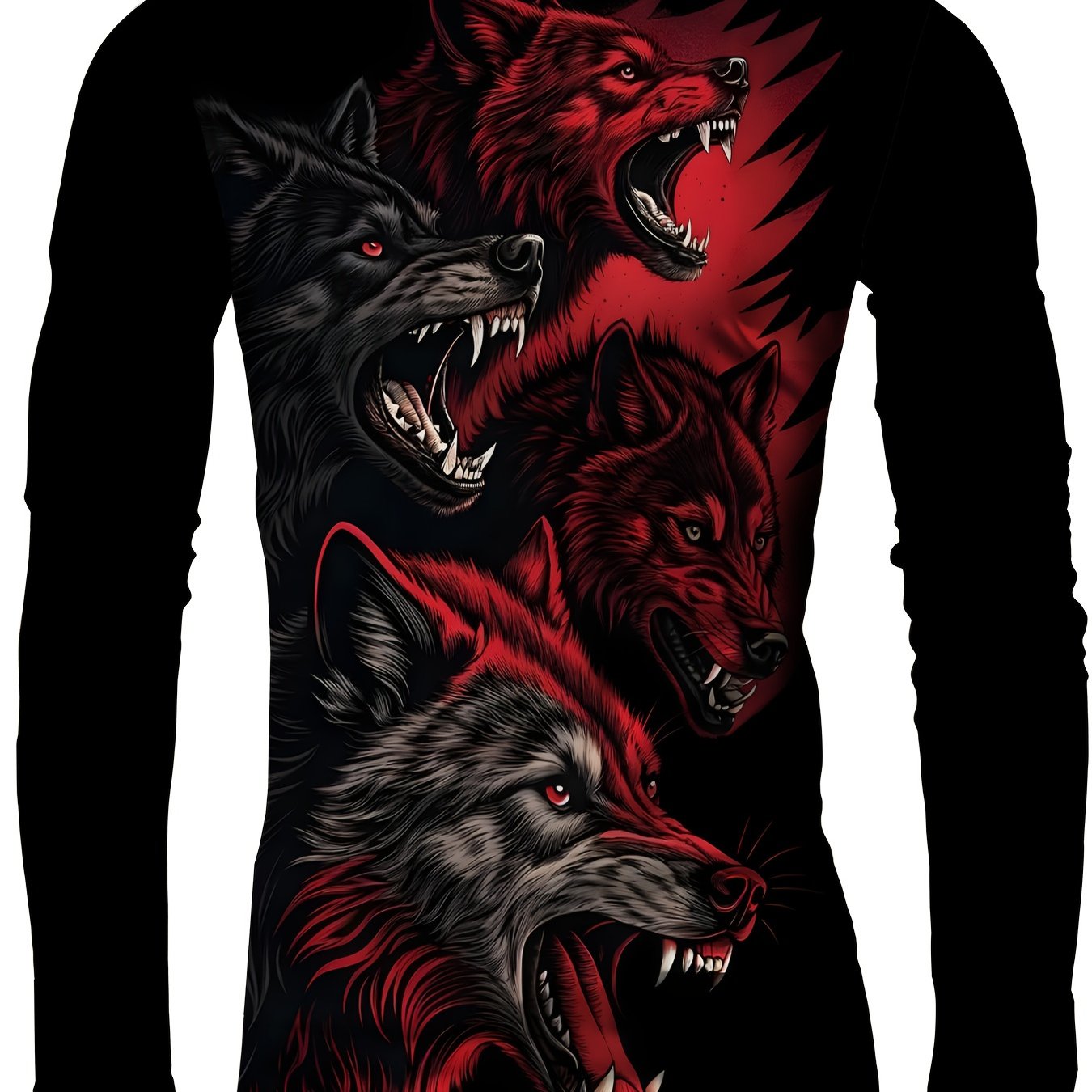 TEMU [printed Design-nottextured] Men's Plus Size Long Sleeve T-shirt, [printed Design-nottextured] Wolf Pc Print - Black And Red Contrast Colors,