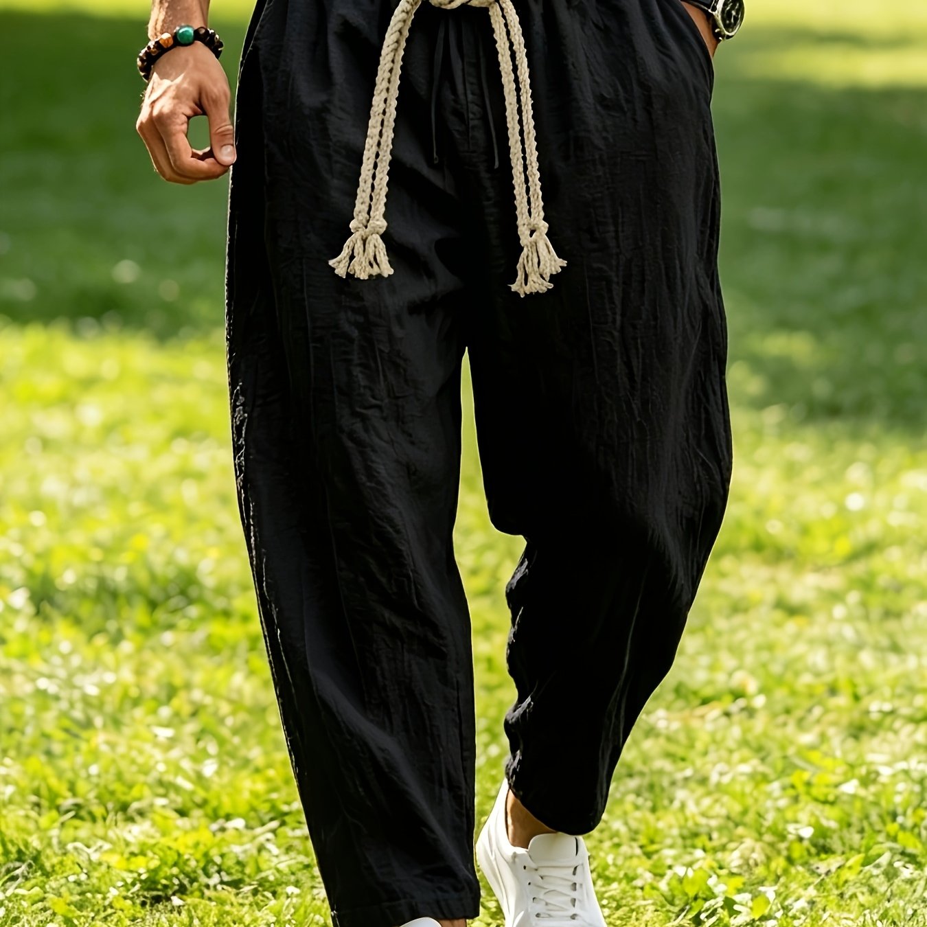 TEMU Men's Linen Casual Trousers, Free Waist Decoration Drawstring Included, Breathable Comfortable Relaxed Special Length Trousers, Loose All-match