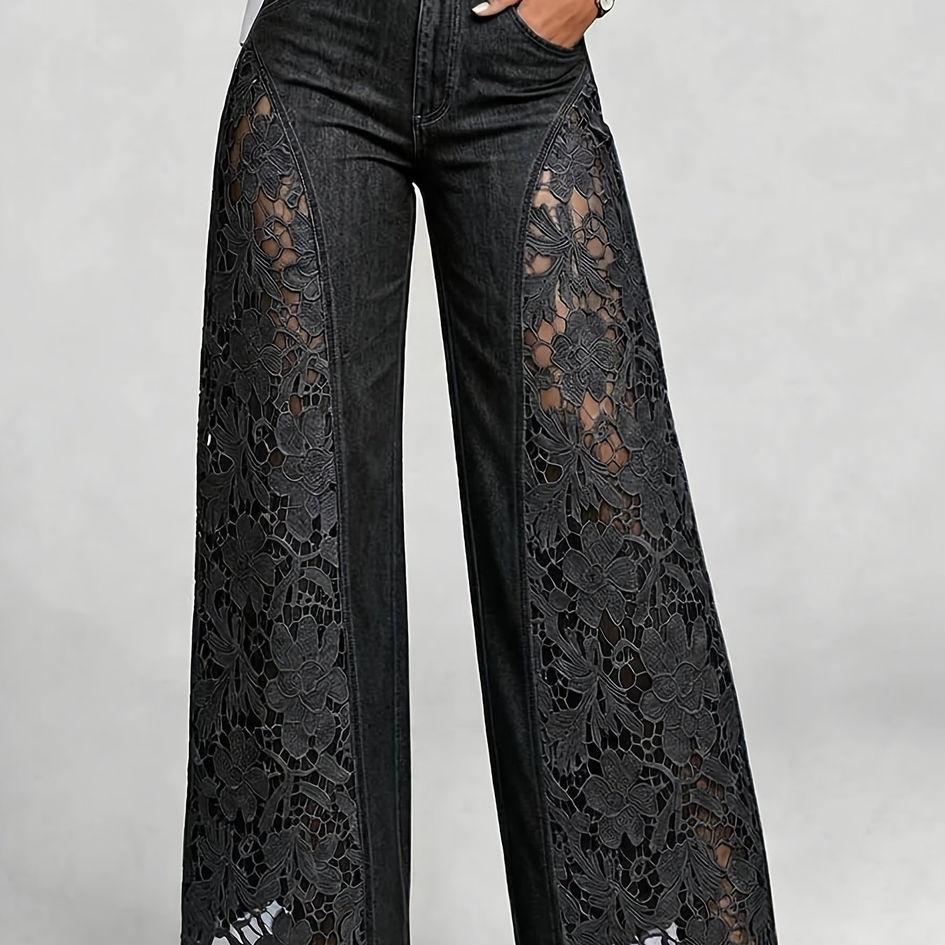 High Waist Floral Hollow Out Panel Wide Leg Long Pants Side Floral Cutout Splicing Scalloped Hem Flared Bottom