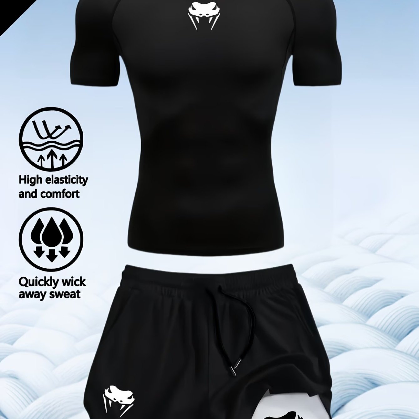 TEMU Men's 2pcs Sport T-shirt And Shorts Set, Printed Design, Breathable Quick-dry Polyester Knit Fabric, Crew Neck Short Sleeves, Slim Fit, With