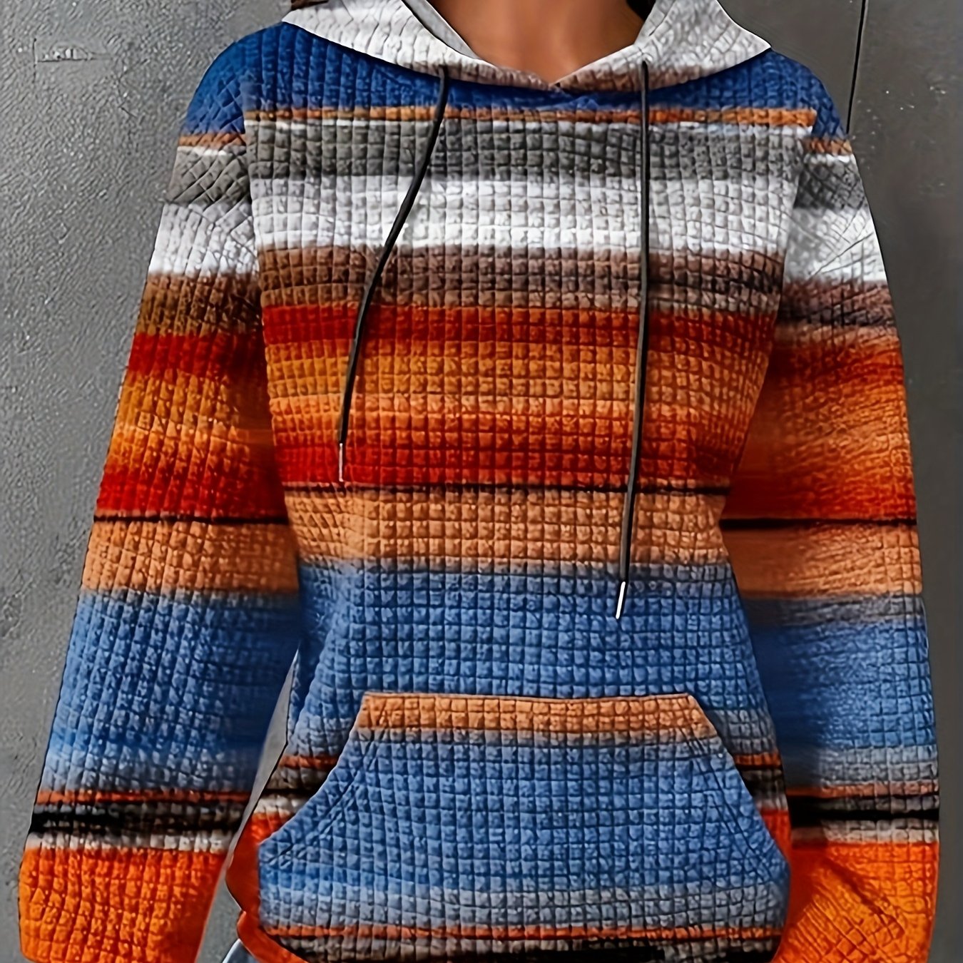 Image of Plus Size - Plus Size - 2025 Autumn Winter New Plus Size Casual Loose Micro-elastic Hooded Sweatshirt Women's Plus Size Rainbow Striped Printed Hoodie With Pockets And Drawstring Top
