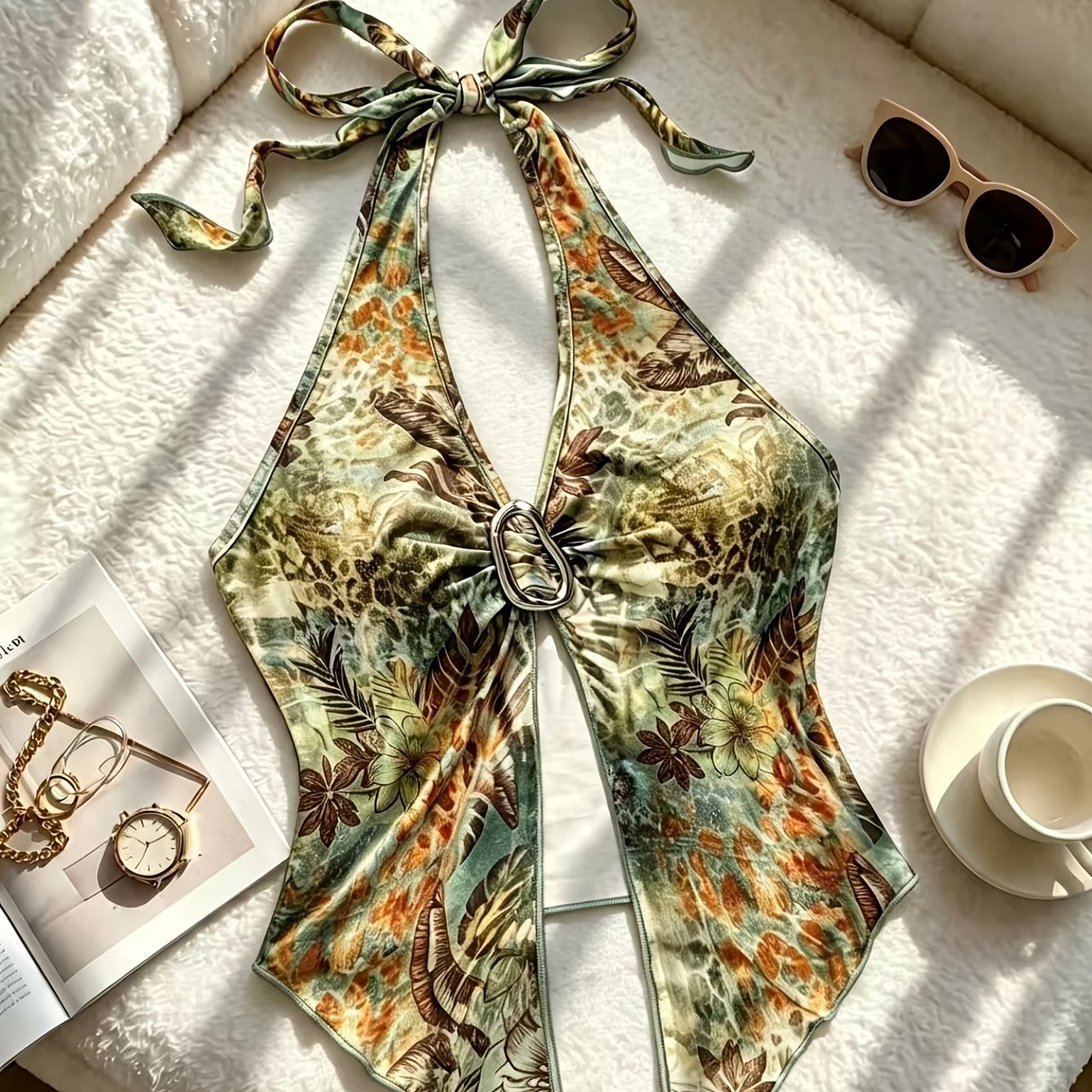 TEMU Summer Casual Commuter Style Women's Top With Chest Design, Lightweight, Breathable, And Non-stuffy, Vintage Jungle Print Stretch Fabric,