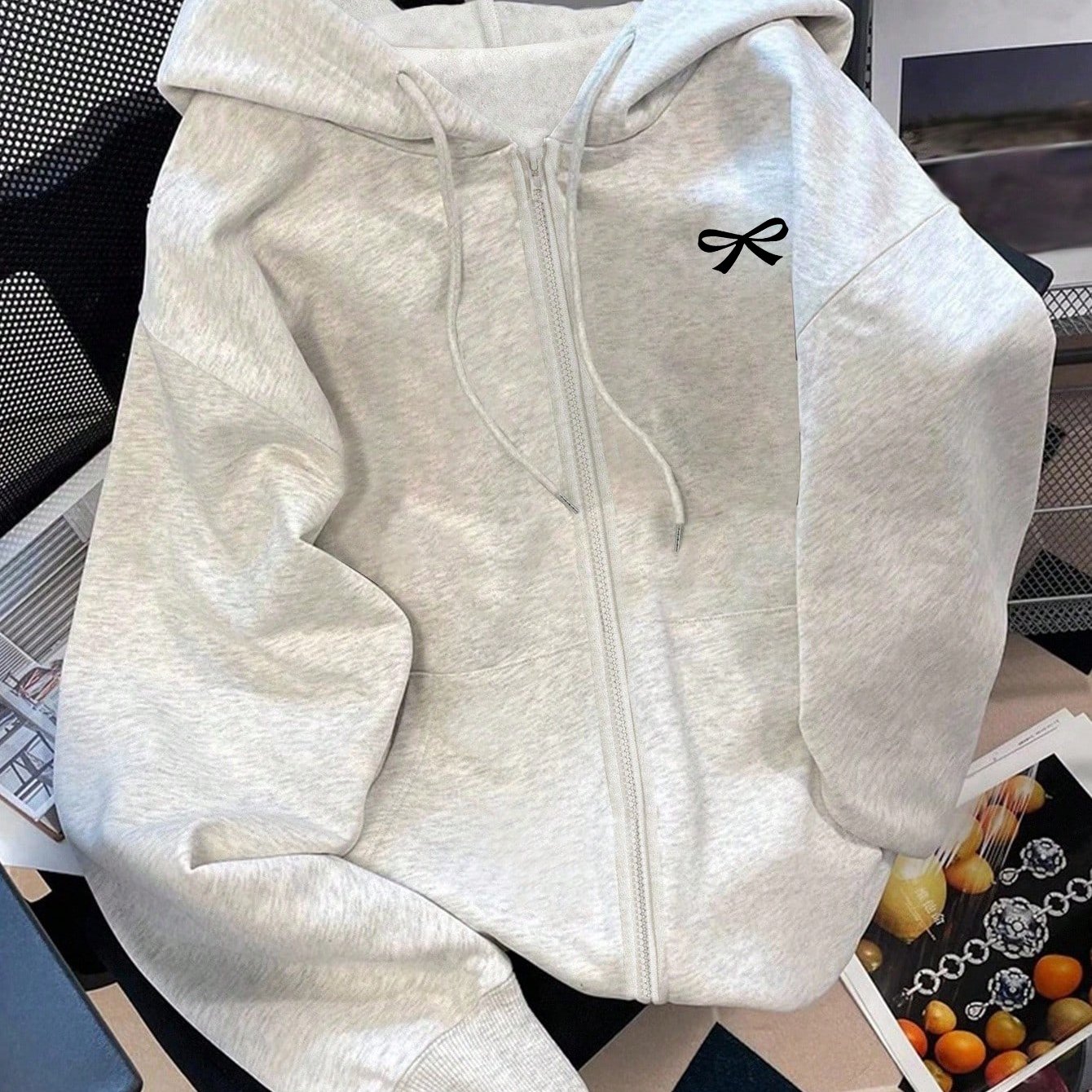 TEMU Women's Zip-up Sweatshirt With Bow Print, Warm Lined Athletic Hoodie, Suitable For Daily Wear In Autumn And Winter