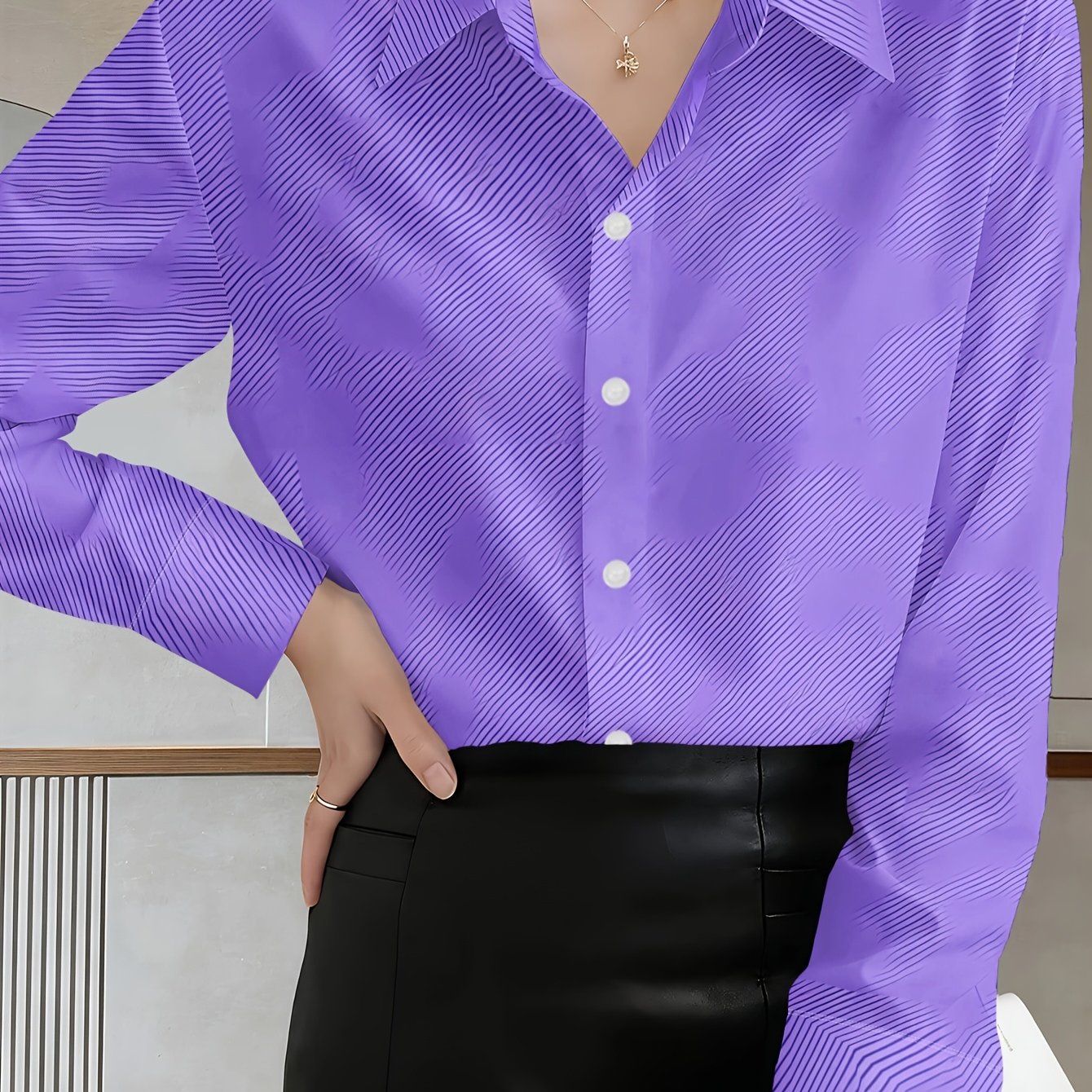 TEMU New Women's Long Sleeve Shirt - Solid Purple Background With Color And Texture Pattern, Versatile Casual Top For Holiday Parties And Commuting,