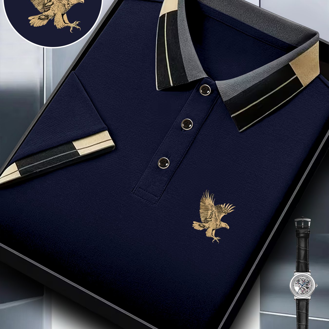 TEMU New Summer Men's Comfortable Shirt Featuring A Golden Eagle Design, Stylish For Golf Wear, Casual Short-sleeve Regular Fit With A Collar And