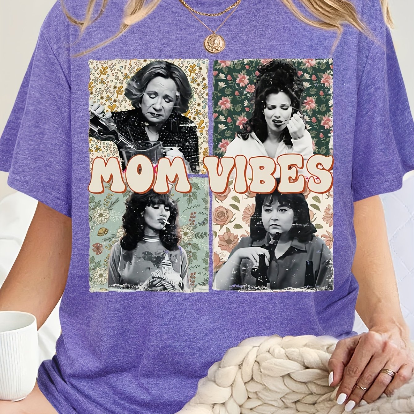 TEMU Shijiyinfan Women's Short-sleeve T-shirt - Mom-themed Lettering (), Round Neck Casual Blouse, Machine-washable Comfortable Casual Attire For ,