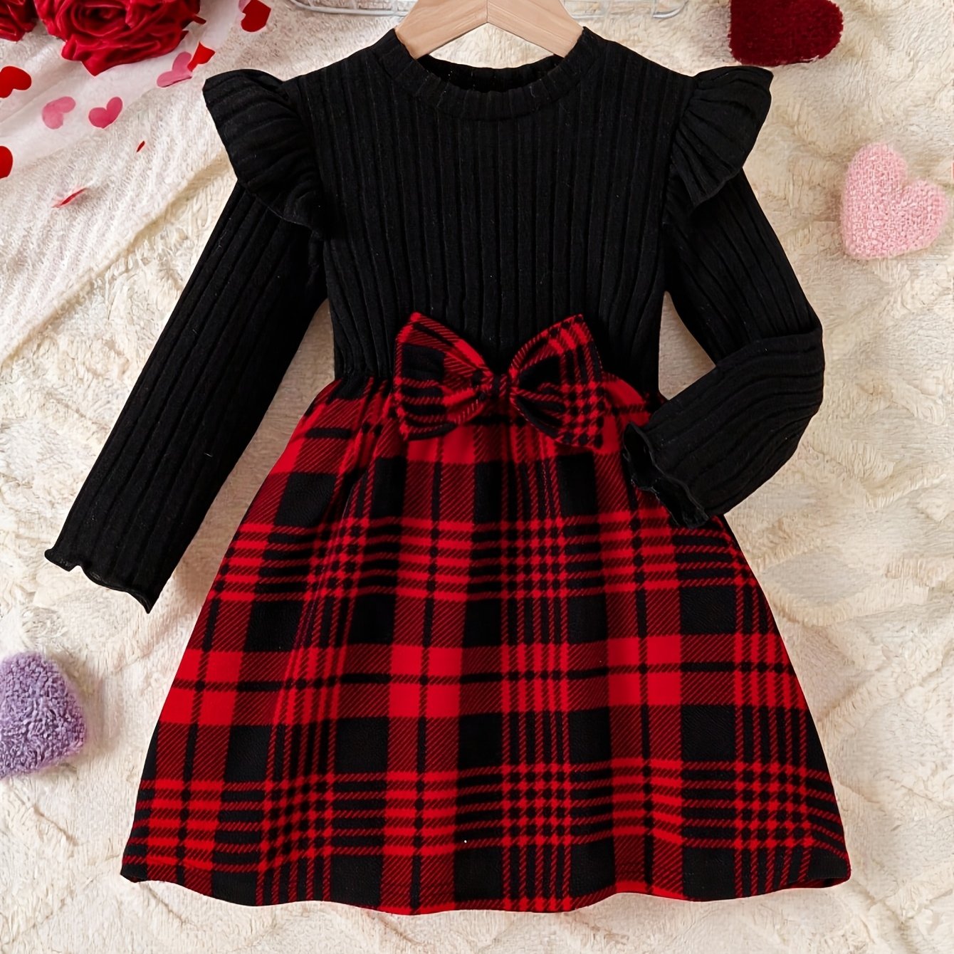 Girls' Valentine's Day Bow Long Sleeve Round Neck Dress