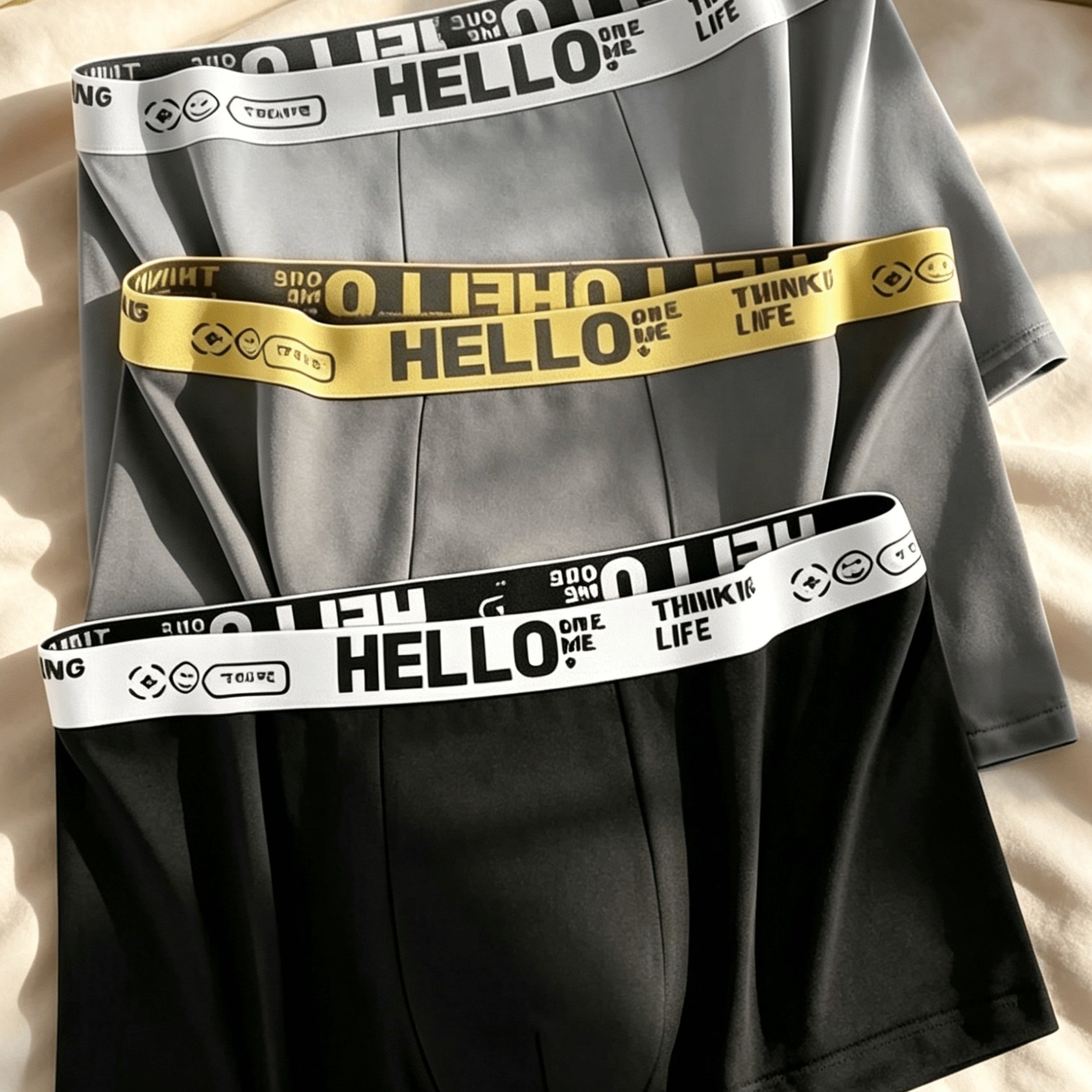 TEMU Ensemble de 3 boxers pour hommes tendance, sous-vêtements ultra- et élastiques, avec ceinture imprimée "HELLO", entrejambe respirant, boxers
