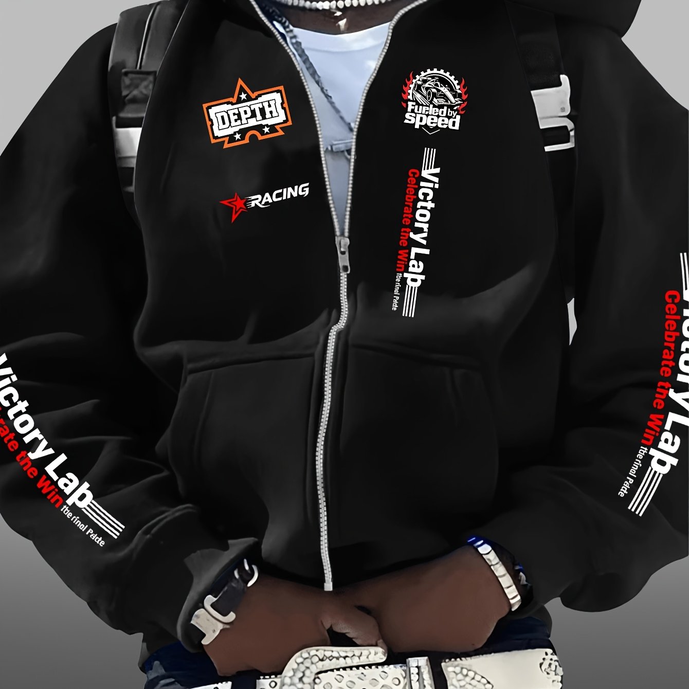 TEMU Men's Trendy Zip-up Hoodie With Racing Elements & Letter Prints And Vertical Text Layout. Y2k Outerwear With Style, Great For Streetwear And