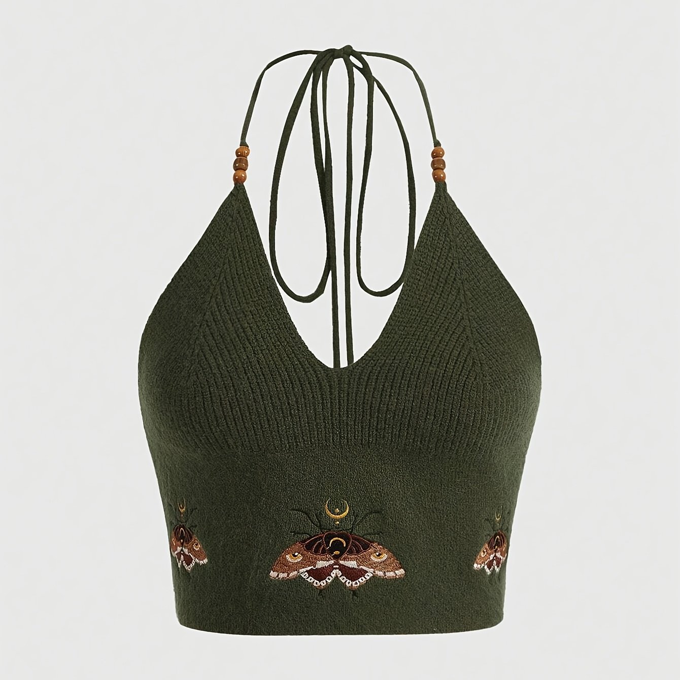 Image of New European And Solid Color Embroidered Halter Top For Women, Featuring A V-neck Design, Perfect For Spring And Summer, And