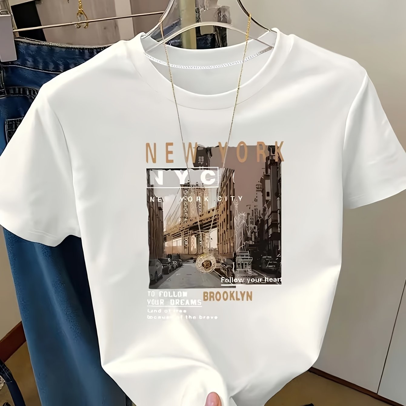 TEMU Women's City T-shirt - Nyc Graphic Tee With Iconic Print, Loose Fit Short Sleeve Blouse Top Suitable For Travel & Daily Wear, Spring Summer
