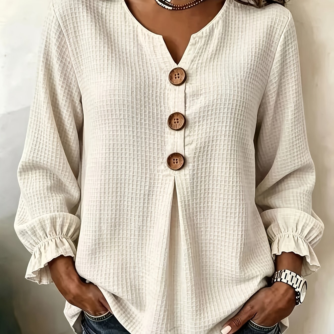 TEMU Wu Ziyin Top da donna autunnale directional a quadri waffle con maniche arricciate e lunghe