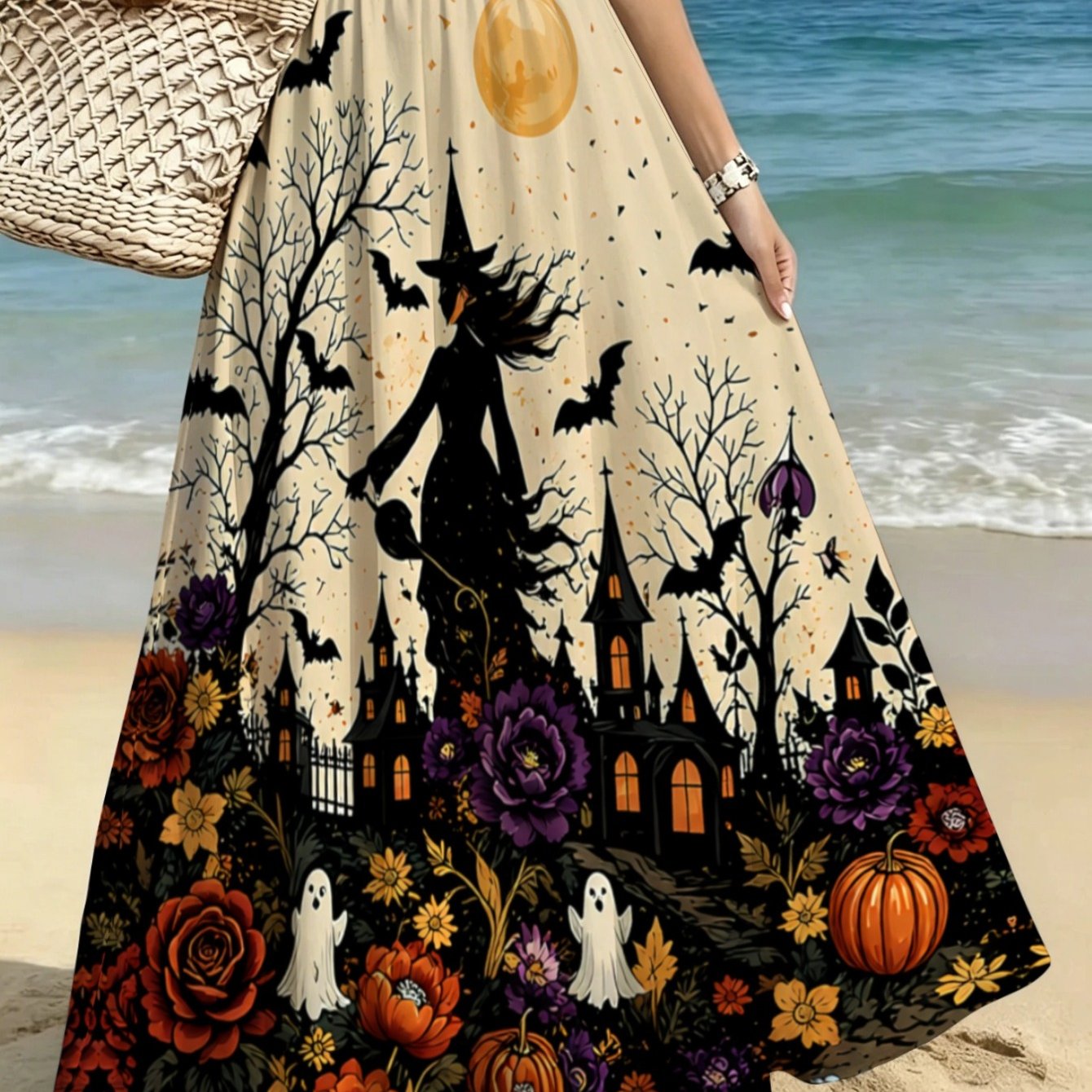 TEMU Lianyaoshi [printed Design Not Textured] Halloween Print Maxi Skirt For Women Beige With Black, Orange, Purple Floral Motif, Lightweight Ideal
