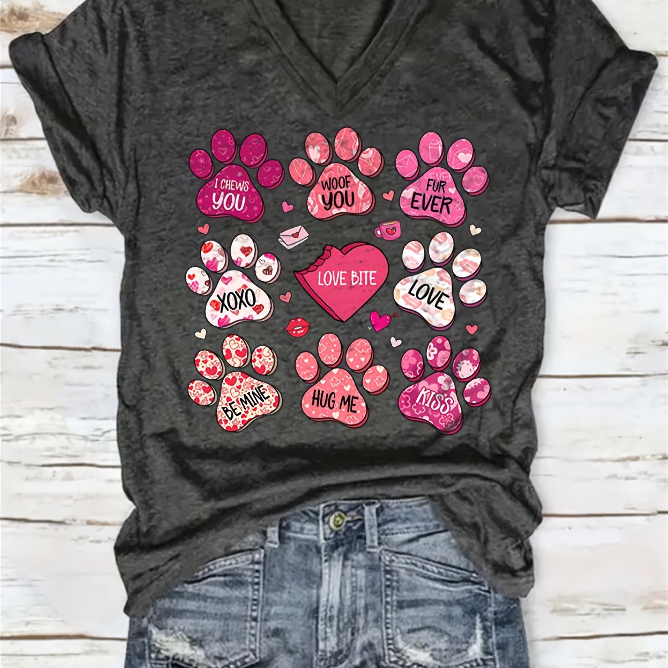 TEMU Valentine's Day Print And Love Pattern Loose Party Cute Elegant Fashion Gift Soft Machine Washable Elastic Home Casual Round Neck Short Sleeves