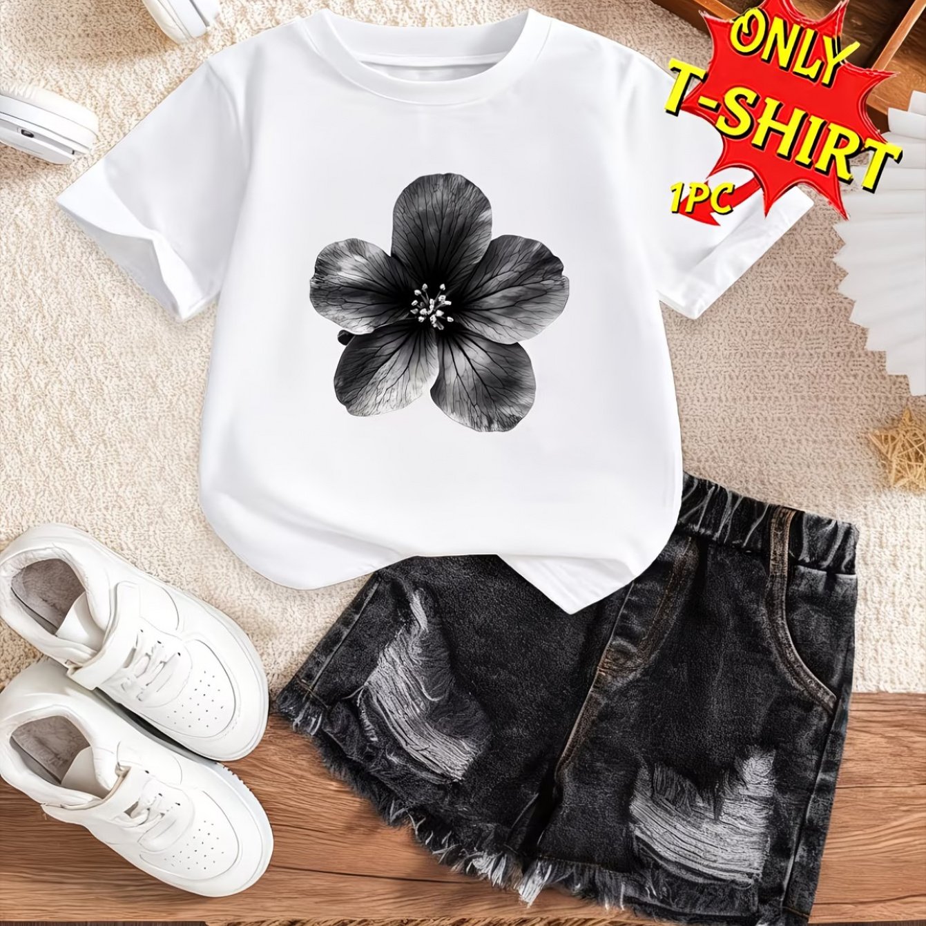 TEMU 1pc Edition Graphic Tshirt With Cute Flower Print Soft And Comfortable Fabric Round Neck Short Sleeve Stretchable Machine Washable Spring Summer