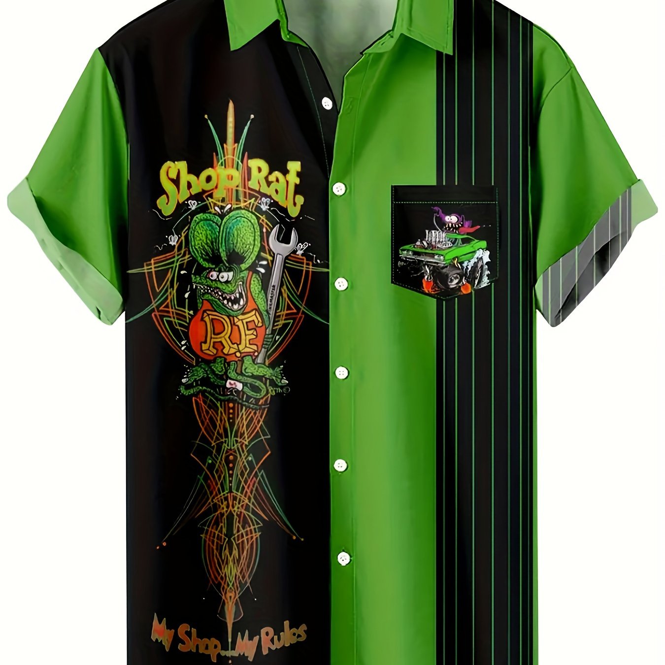 TEMU Men's Hawaiian Shirt - Black And Lime Green Combination, Collar Design, Suitable For Beachwear, Plus Size