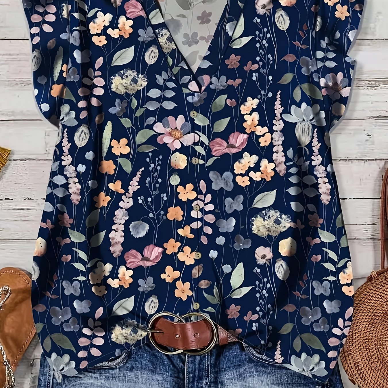 E-shop Damen Bluse mit Blumenmuster, blau, V-Ausschnitt, lässig