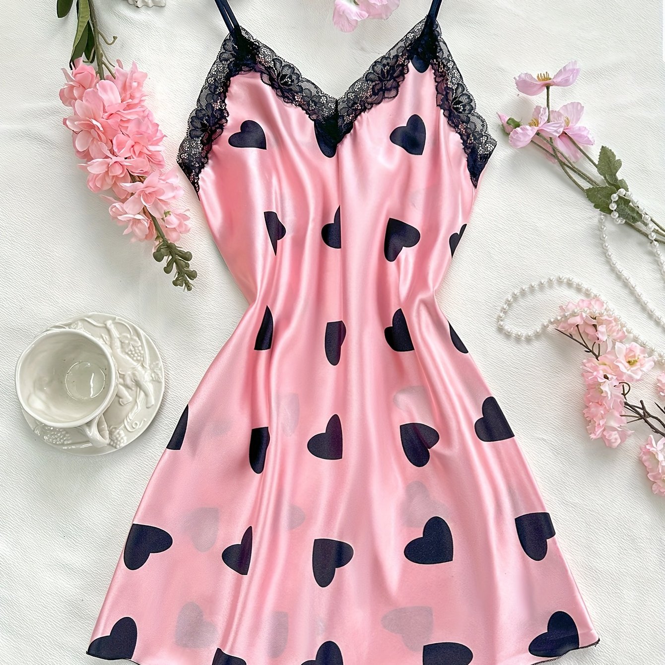 TEMU Lace Heart Print Comfortable Sexy Suspender Nightdress