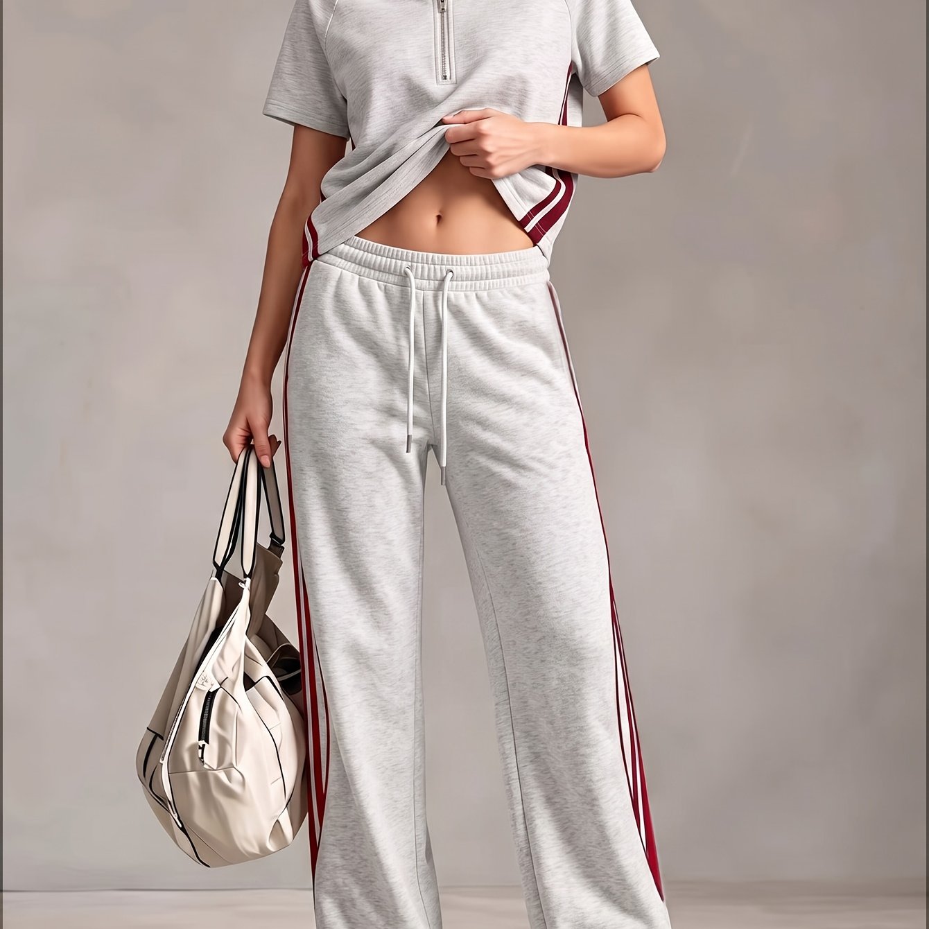 TEMU Color- Set: Half-zip Collar Short Sleeve Top   Jogger Sweatpants, Casual 2pcs Set