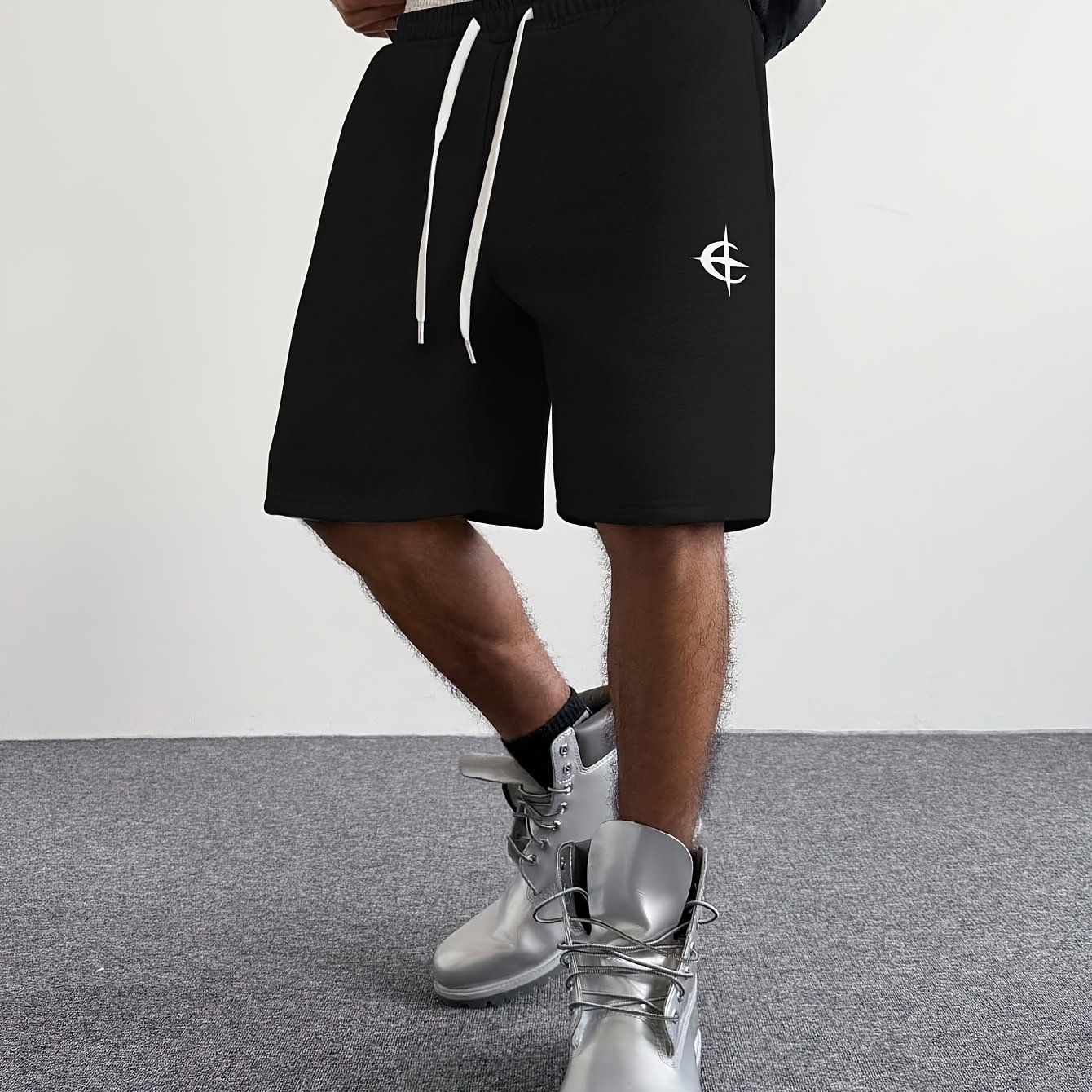 TEMU Men's Trendy Double-layer Elastic Waist Shorts With Drawstring Design, Stretchy Fabric, Fashionable Solid Color Bermuda Shorts
