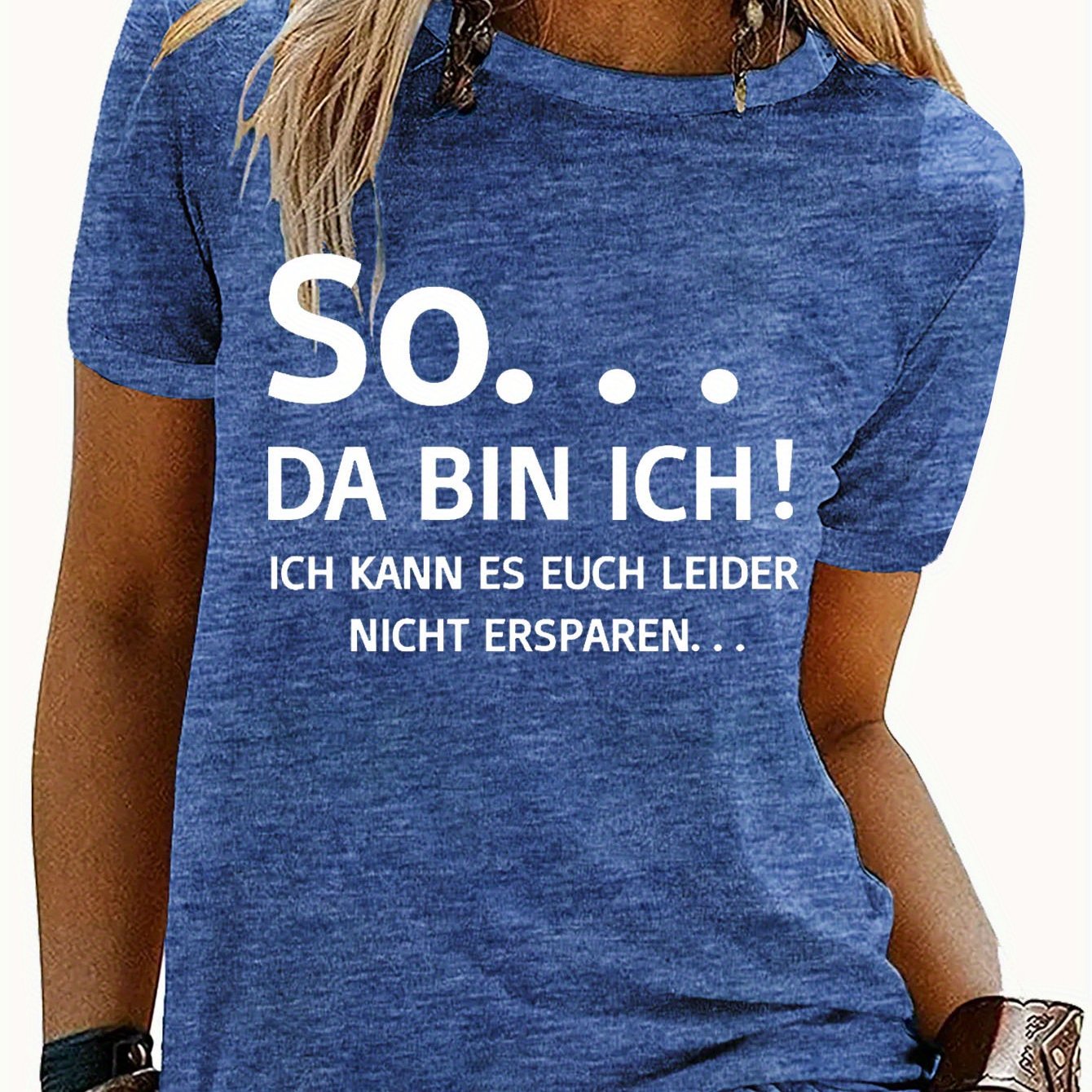 Image of Women's Crew Neck Short Sleeve T-shirt So... Da Bin Ich! Alphabet Pattern, Festivals, Soft And Skin-friendly, , Pink, Blue, Purple. Summer Casual Outdoor Top, Ideal Gift Idea