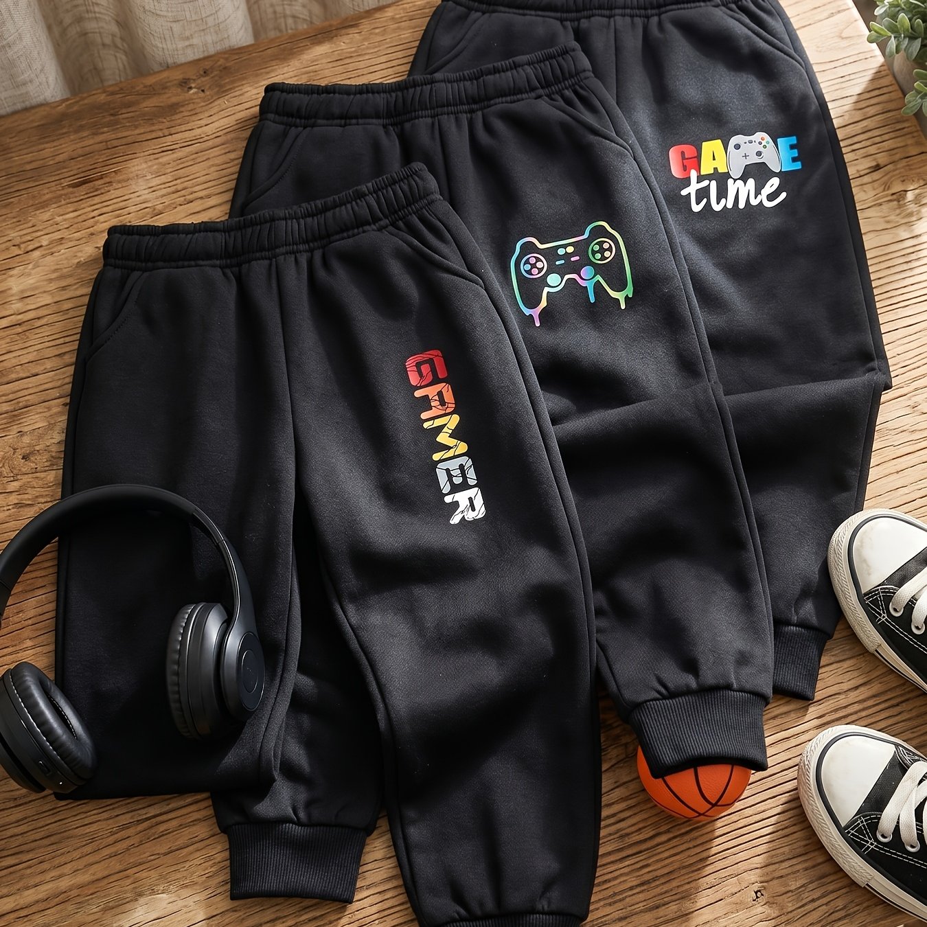 Image of Three-piece Letter Print Boys' Casual And Comfortable Sports Pants, Breathable Jogging Pants, Outdoor Clothing, For Outdoor