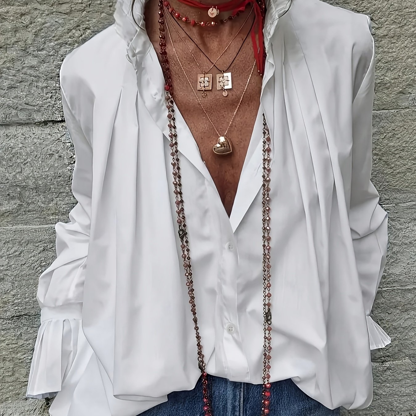 TEMU Vintage-style Women's Loose-fit White Shirt With Ruffle Collar And Long Sleeves, Casual Summer Blouse