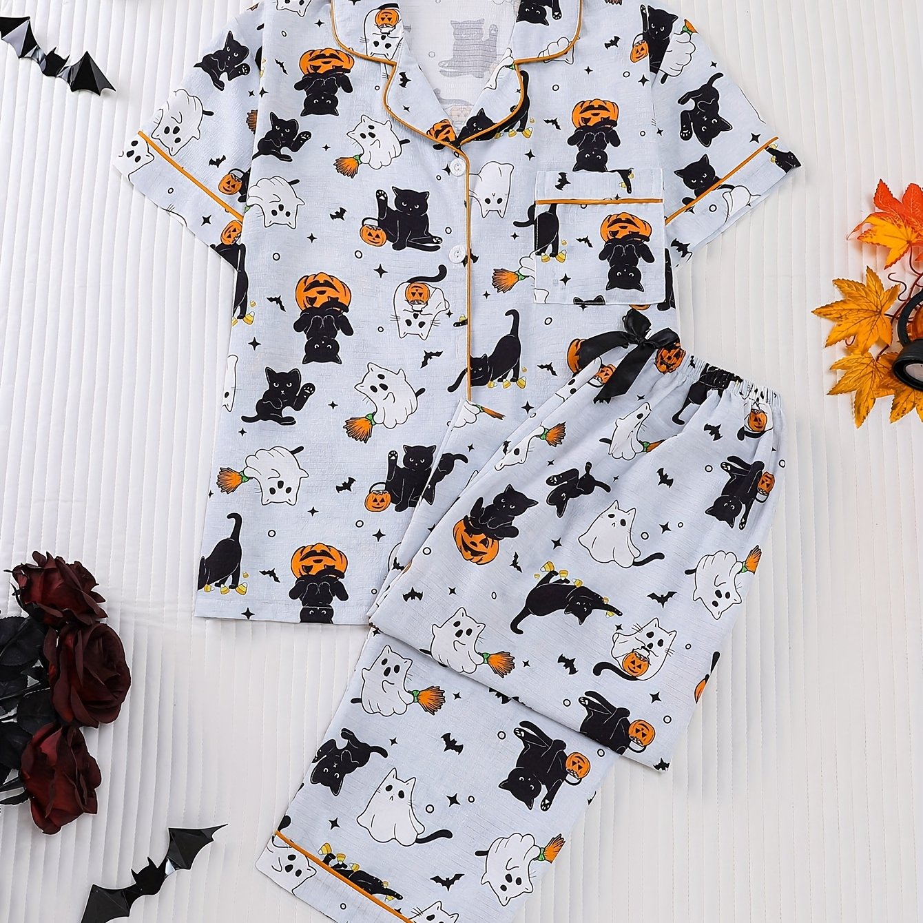 TEMU Ensemble Pyjama Femme à Manches Courtes et Pantalon Long avec Imprimé Halloween, Printemps Été Automne, Haut à Manches Courtes Cardigan avec