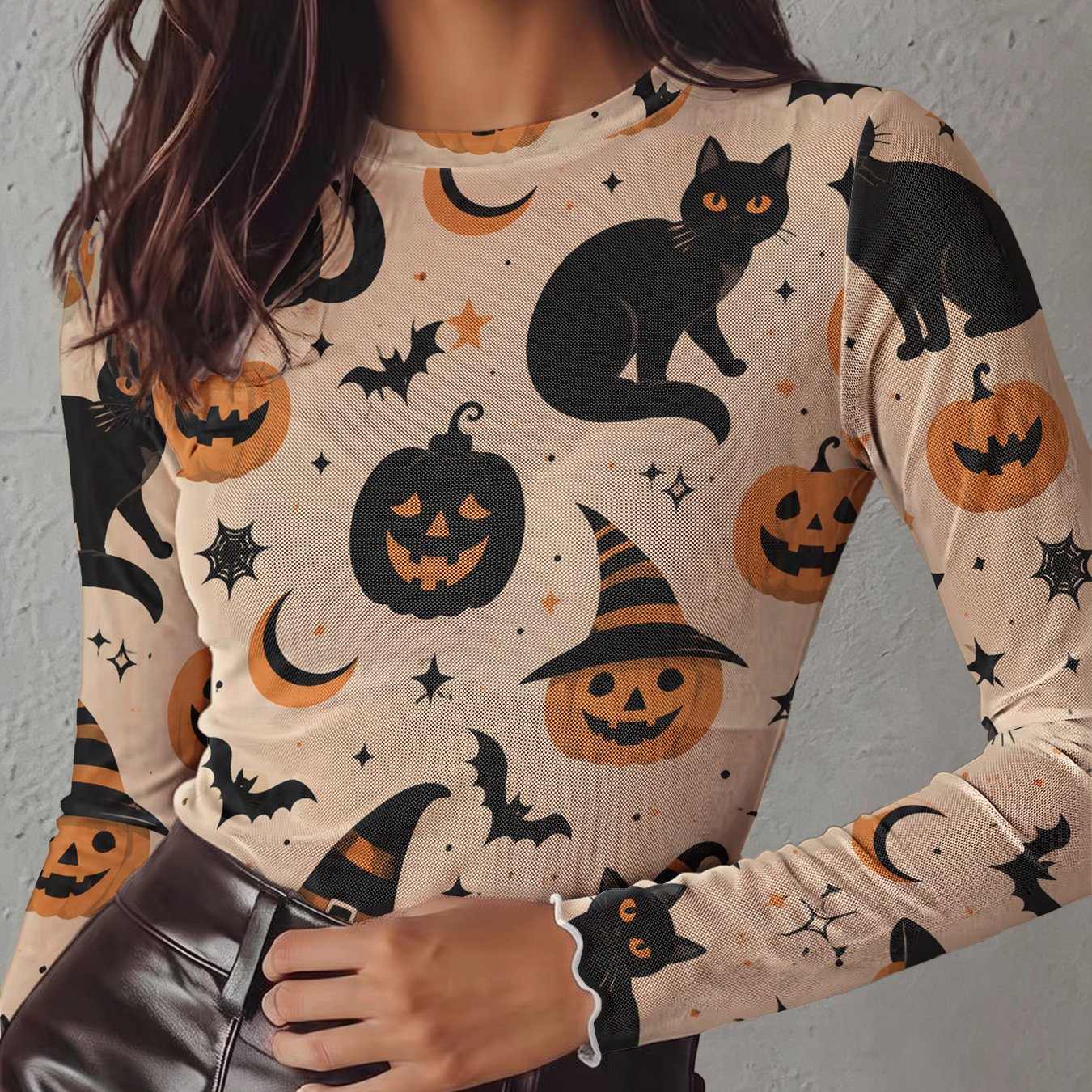 TEMU Halloween Women's Mesh Sheer Sexy See-through Top T-shirt, Halloween Themed Fun , Semi-sheer Breathable Lightweight Soft Comfortable Stretchy