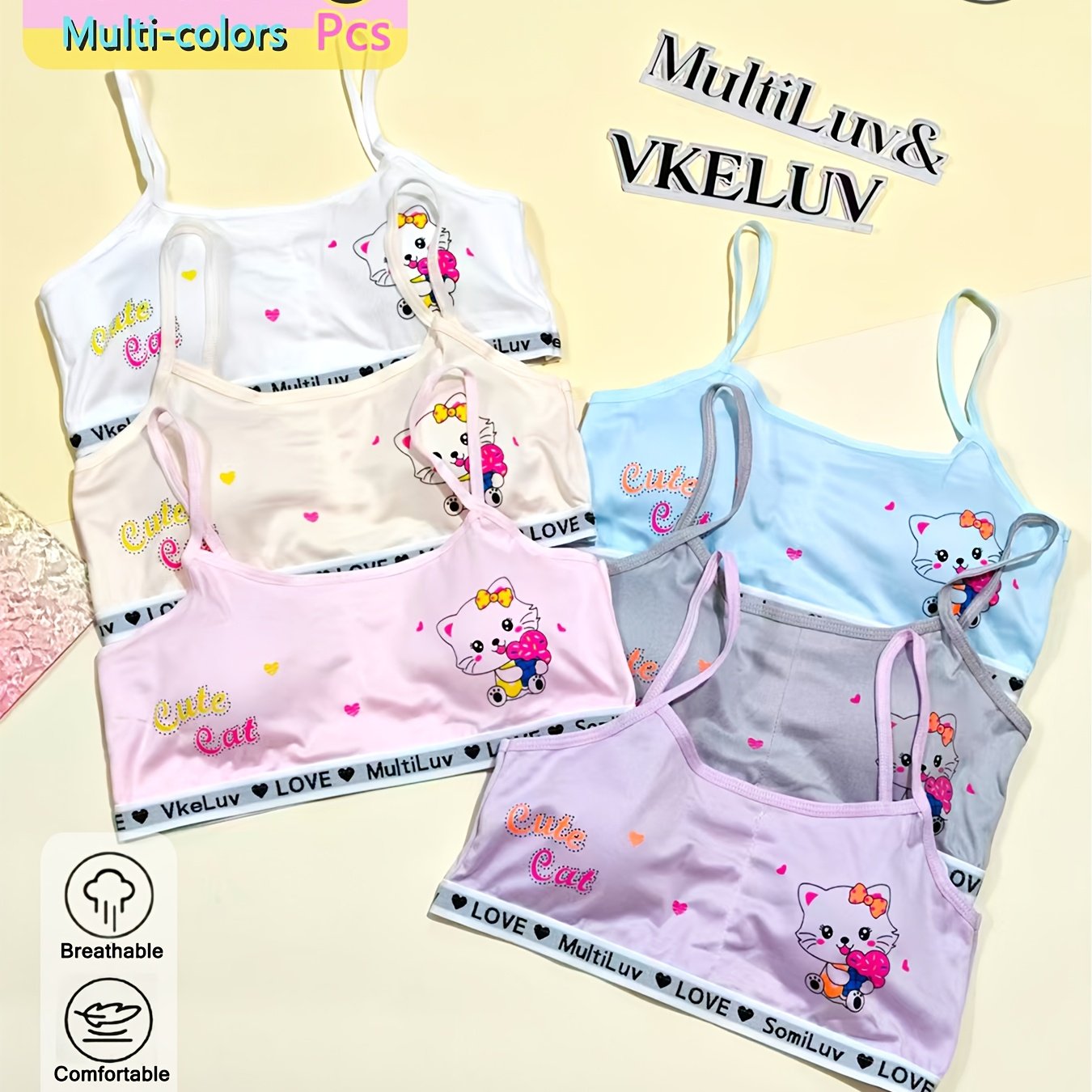 TEMU 5pcs Cute Beginning Bras, Lovely Cat Printed Vests, Random Multi-colors Sleeveless Camisoles, Breathable Everyday & Special Occasion Outfit,
