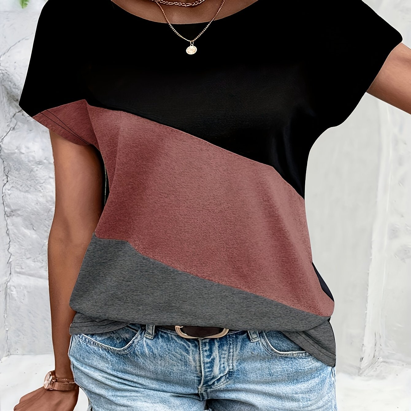 E-shop Farbblock-T-Shirt mit Rundhalsausschnitt, lässiges Kurzarm-T-Shirt für Frühling und Sommer, Damenbekleidung