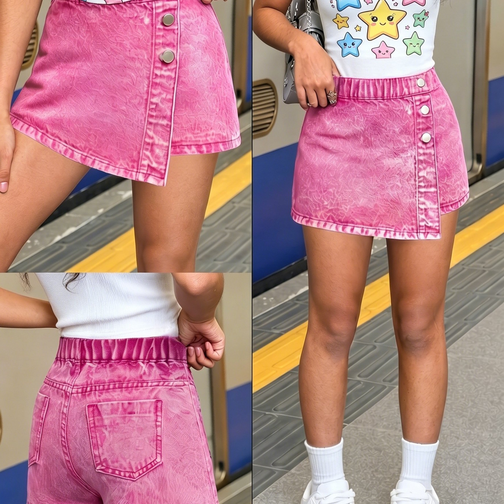 Girls' Pink Denim Skirt-pants, Spring And Summer Styles 3 And Up, Two-piece Denim Skirt-pants, A-line Version, Versatile And Suitable For Different Styles, Ideal For Festivals, Leisure, , And Wear