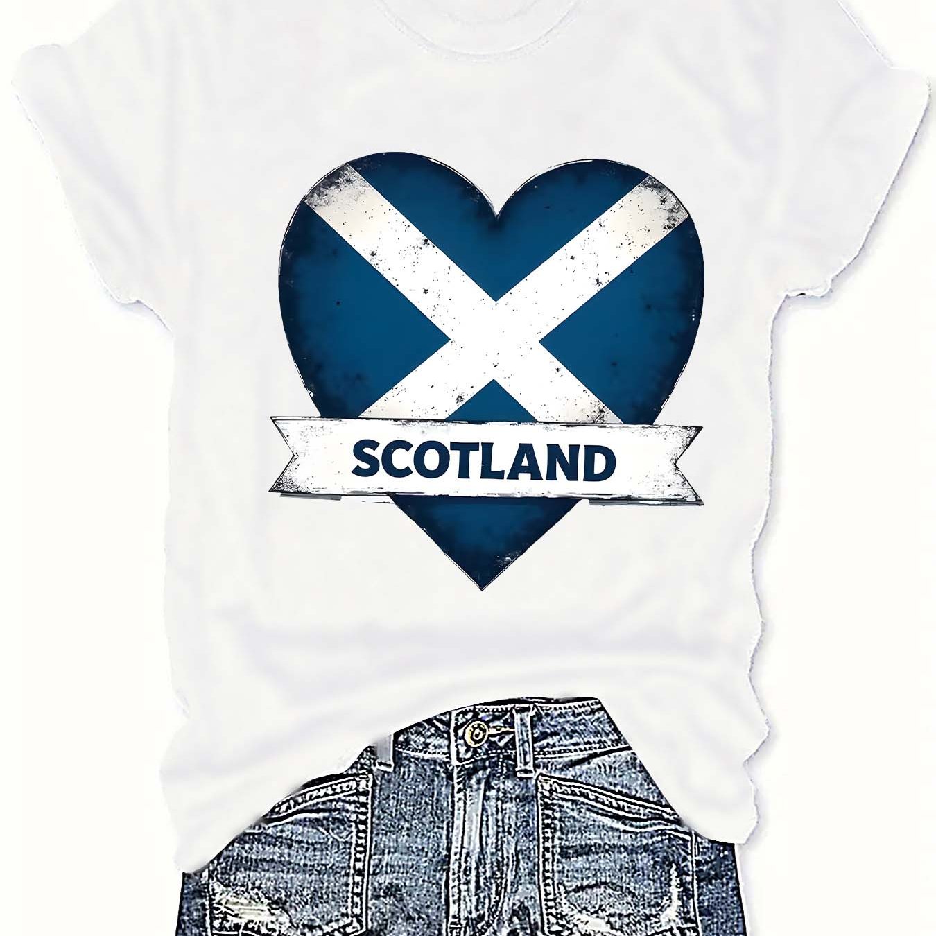 TEMU Women's Plus Size Vintage Scotland Flag Heart Print T-shirt - Scottish Rampant & Suitable For Curvy Ladies, Comfy Casual Round Neck Short Sleeve