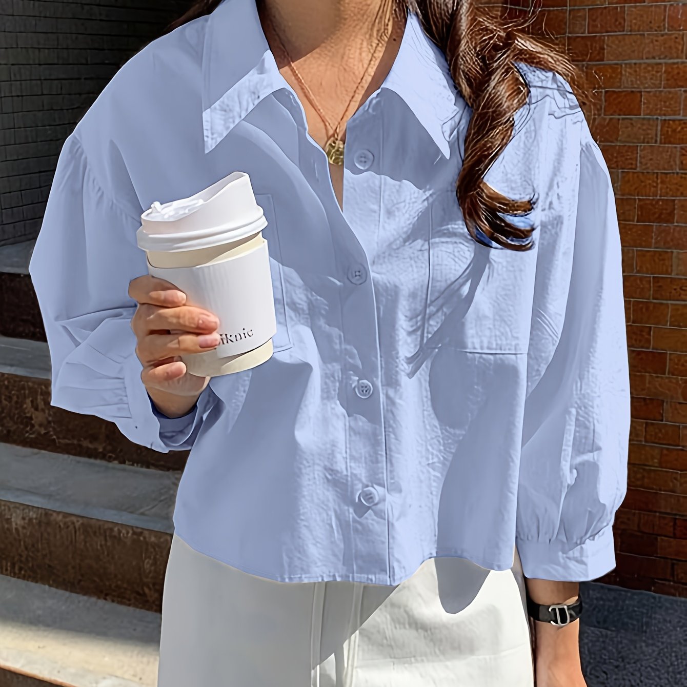 TEMU Women's Minimalist Solid Color Single-breasted Short Shirt With Loose Puff Sleeves, Elegant Casual Top, Korean Fashion, Women's Winter Clothing,