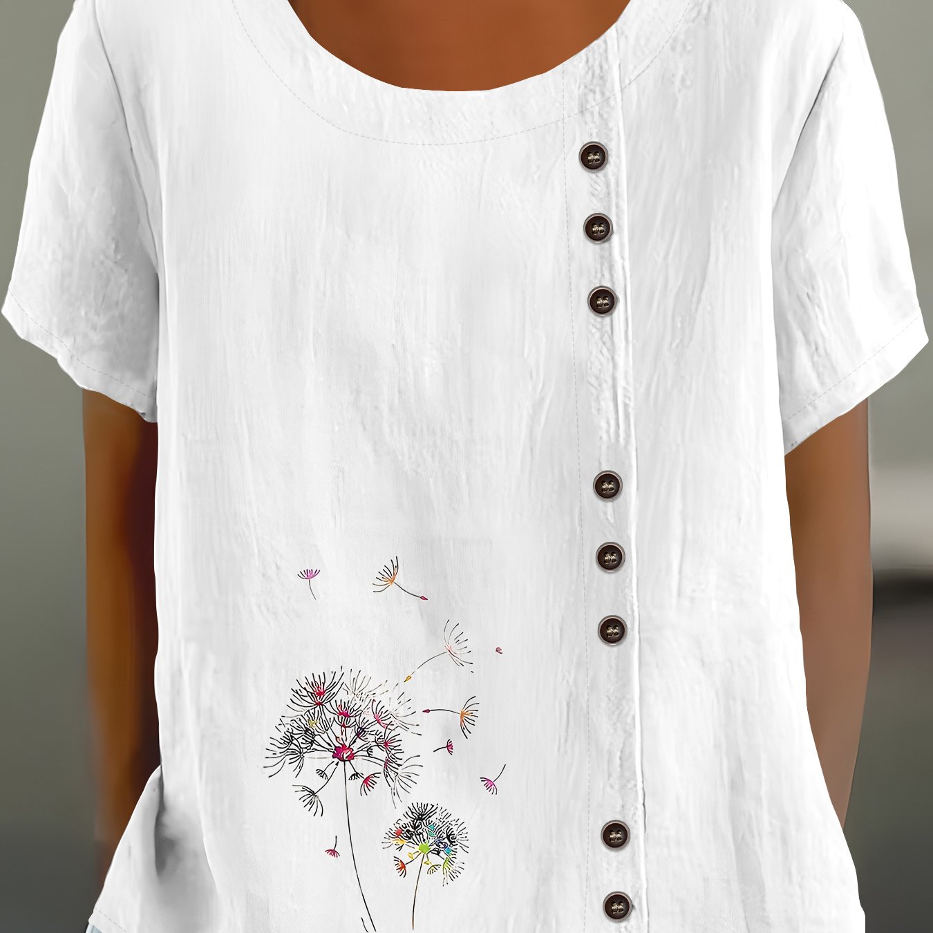 TEMU European And American Popular Loose Creative Letter Bohemian Floral Pattern Button Round Neck Women's Short-sleeved Shirt, Round Neck