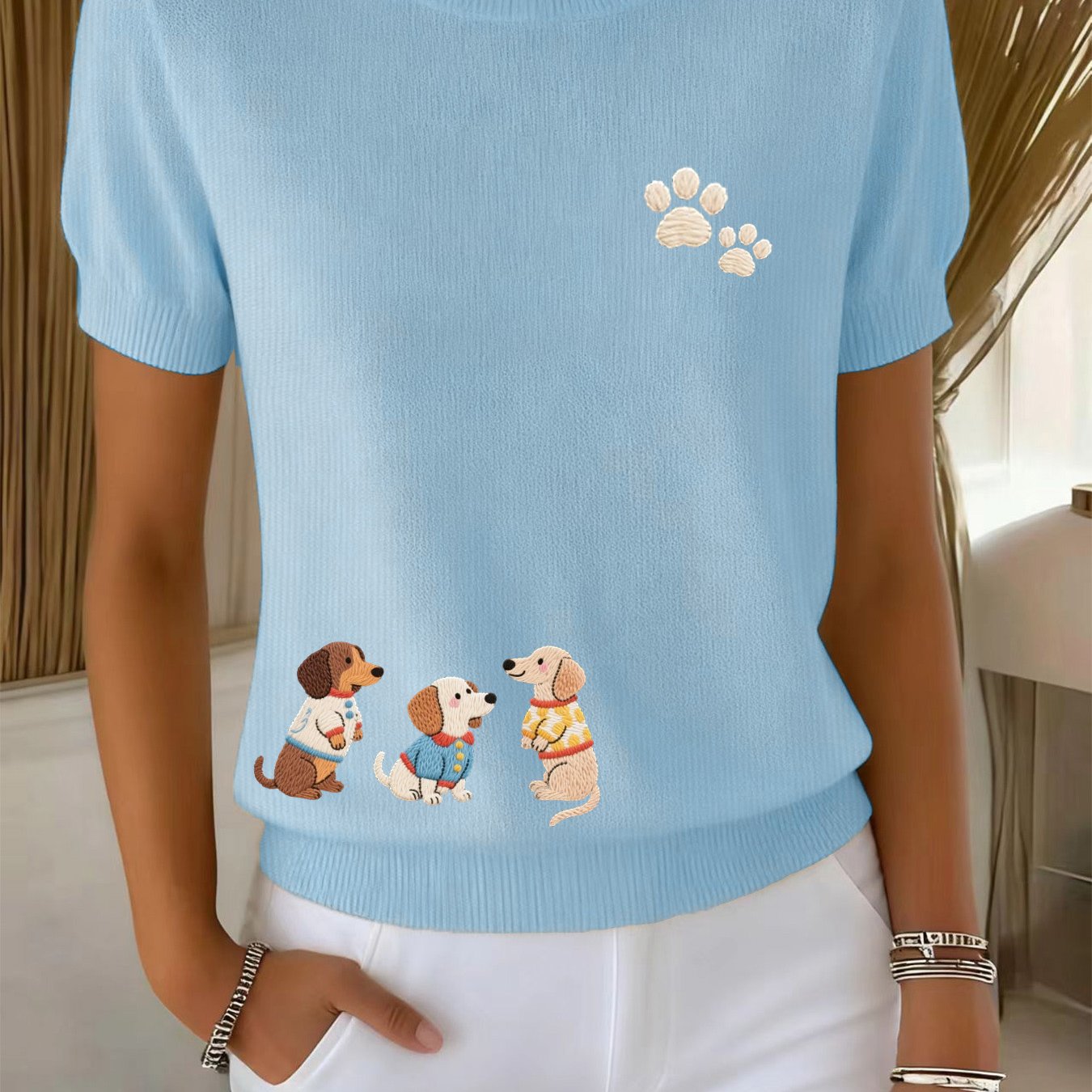 TEMU Ladies' Casual Sweater - Short-sleeved Loose-fitting Pullover With A Round Neck, Slightly Stretchy Comfortable Top, Textured Design, Durable