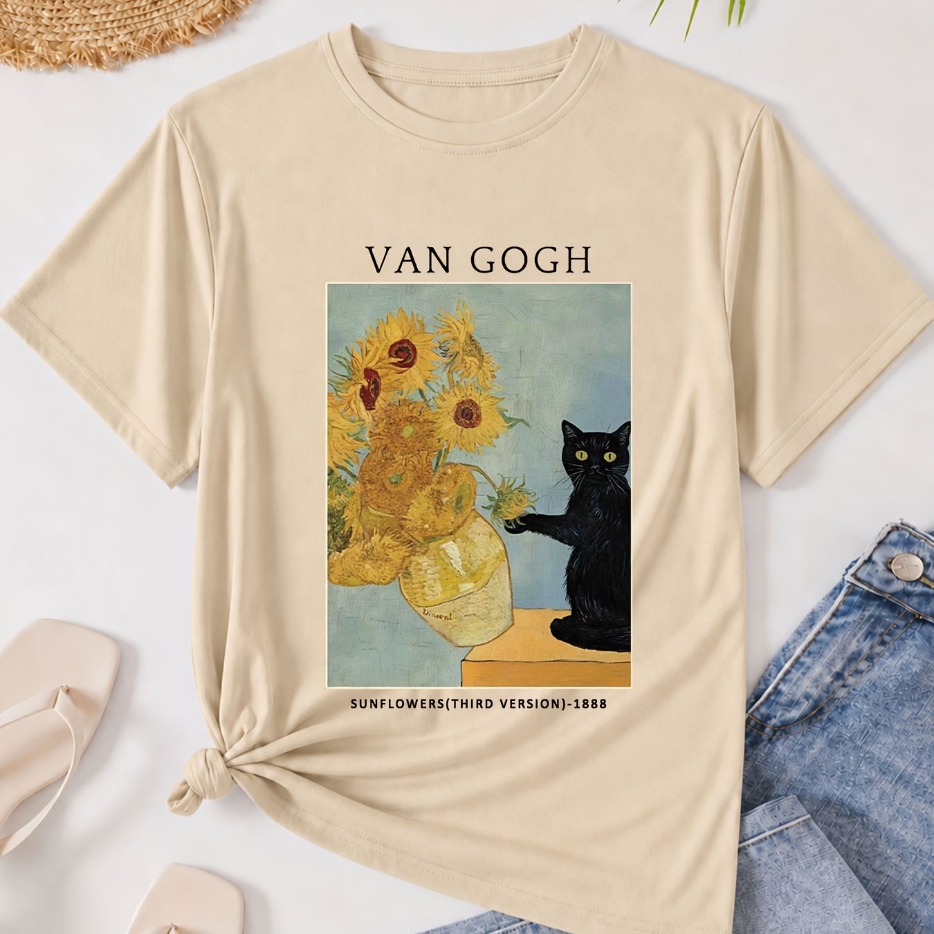 Image of 2026 Fashion Retro Oil Painting Sunflower Pattern Casual Party Women's T-shirt