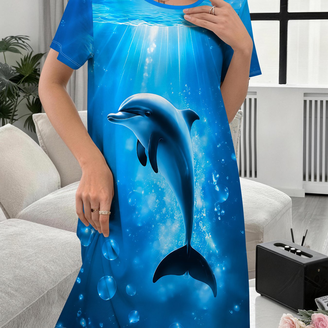 TEMU Women's Casual For Home Nightgown, Deep- Dolphin Casual Nightgown, Comfortable For , Ladies' Nightdress, Elegant Women's Clothing For Holidays,