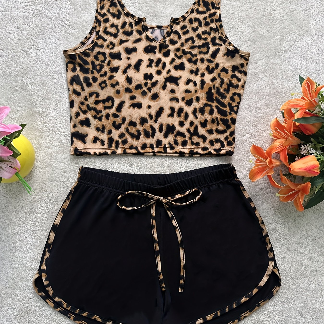 TEMU Elegant Leopard Print Vest Set, Notched Neck Vest And Binding Trim Shorts Outfit, 2pcs Clothing