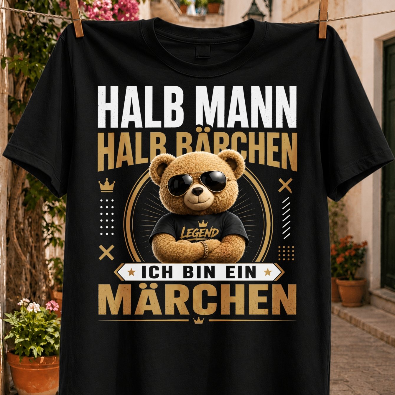 Image of Plus Size Men's Half Teddy Bear T-shirt, I Fairy Tale Teddy Bear With Cool Golden Cartoon Graphic Tee Unisex All T-shirt