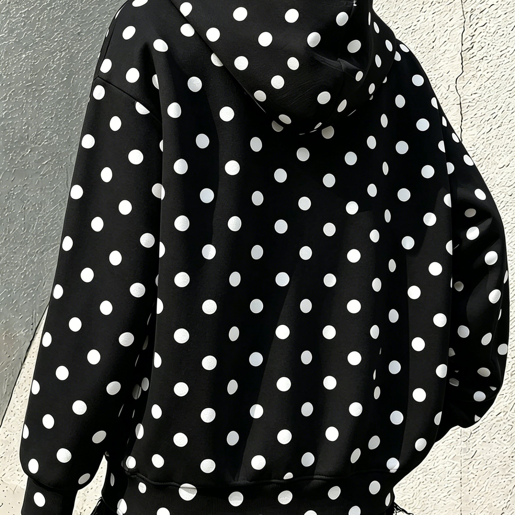 TEMU Plus Size - And White Polka Dot Zip-up Hooded Sweatshirt Women's Spring Autumn Loose Outerwear