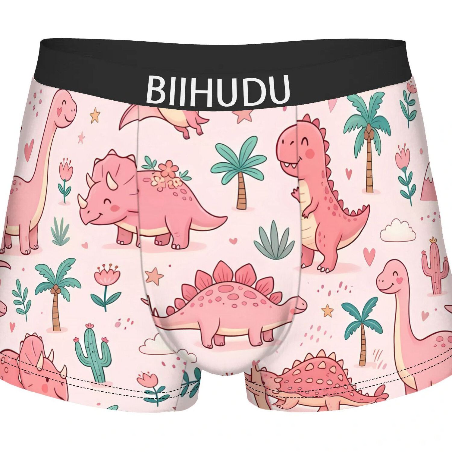 TEMU 2d Print Design Pink Dinosaur Pattern Men's Black Border Underwear Polyester Novelty Casual Wear Athletic Shorts