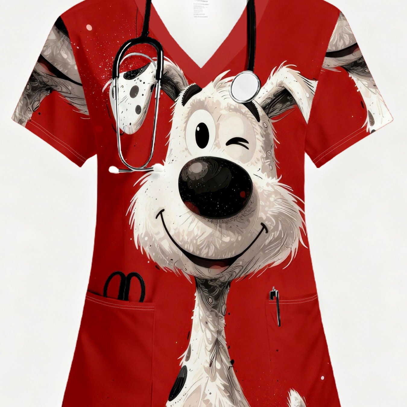 TEMU Une tenue d'infirmière comprenant une base blanche avec un imprimé ludique intégral, comprenant deux poches et un design à col en V, mettant en