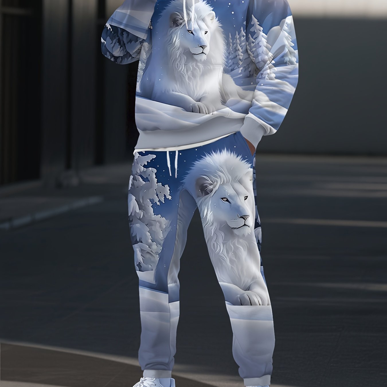 TEMU Navy Blue And Block Full-body Print Hoodie + Jogger Pants 2pcs Set, White Lion Print Sweatshirt Set With Pockets, Casual Long Pants Set